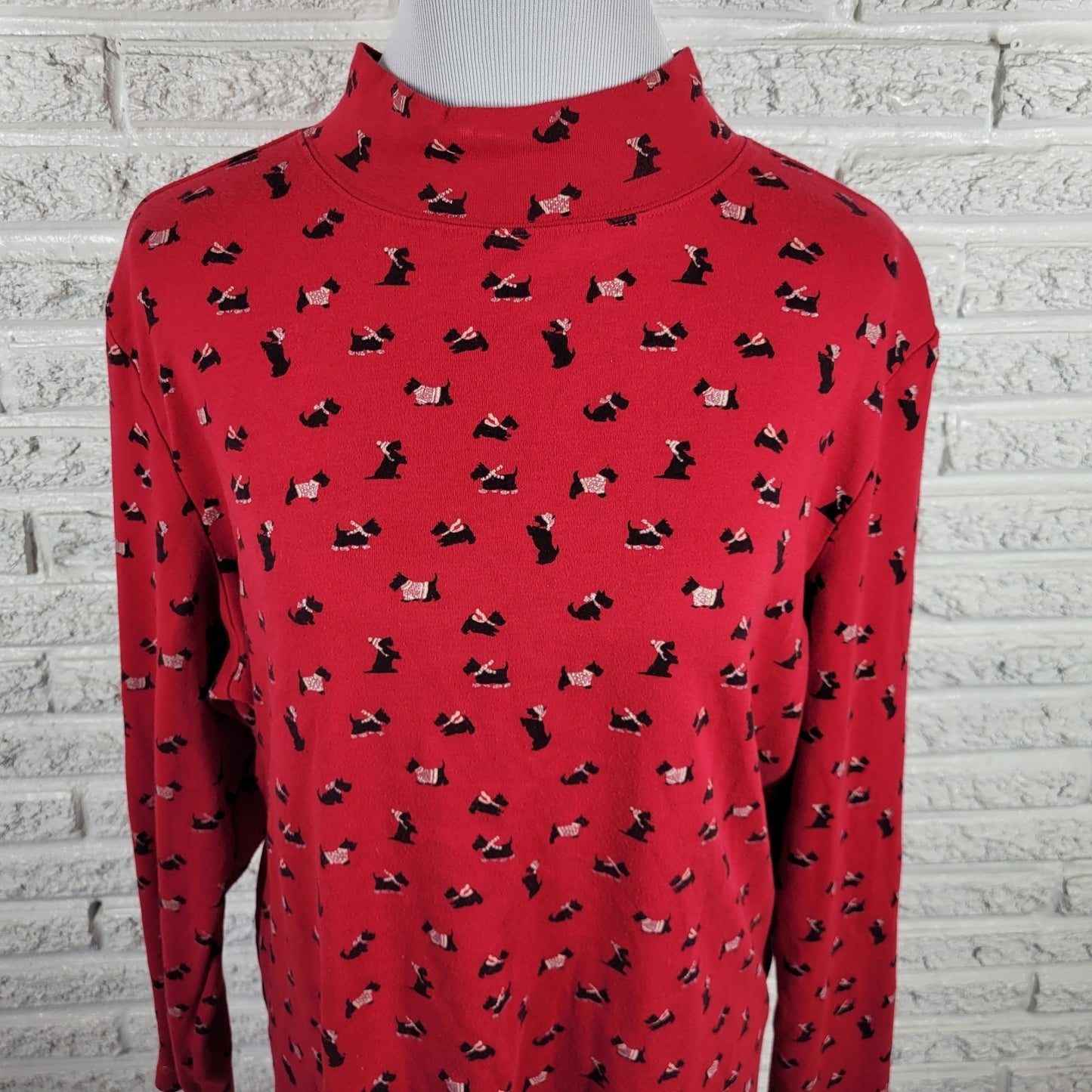 Karen Scott Women's 2X Plus Red Terrier Dog Print Long Sleeve Cotton Blend Top