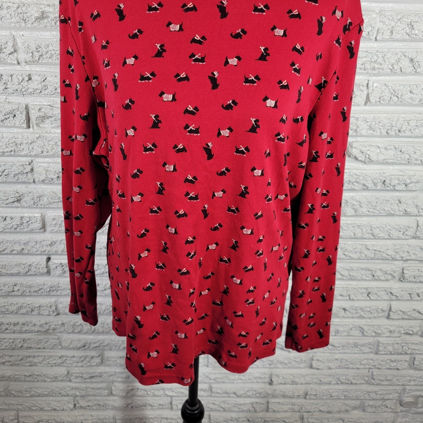 Karen Scott Women's 2X Plus Red Terrier Dog Print Long Sleeve Cotton Blend Top