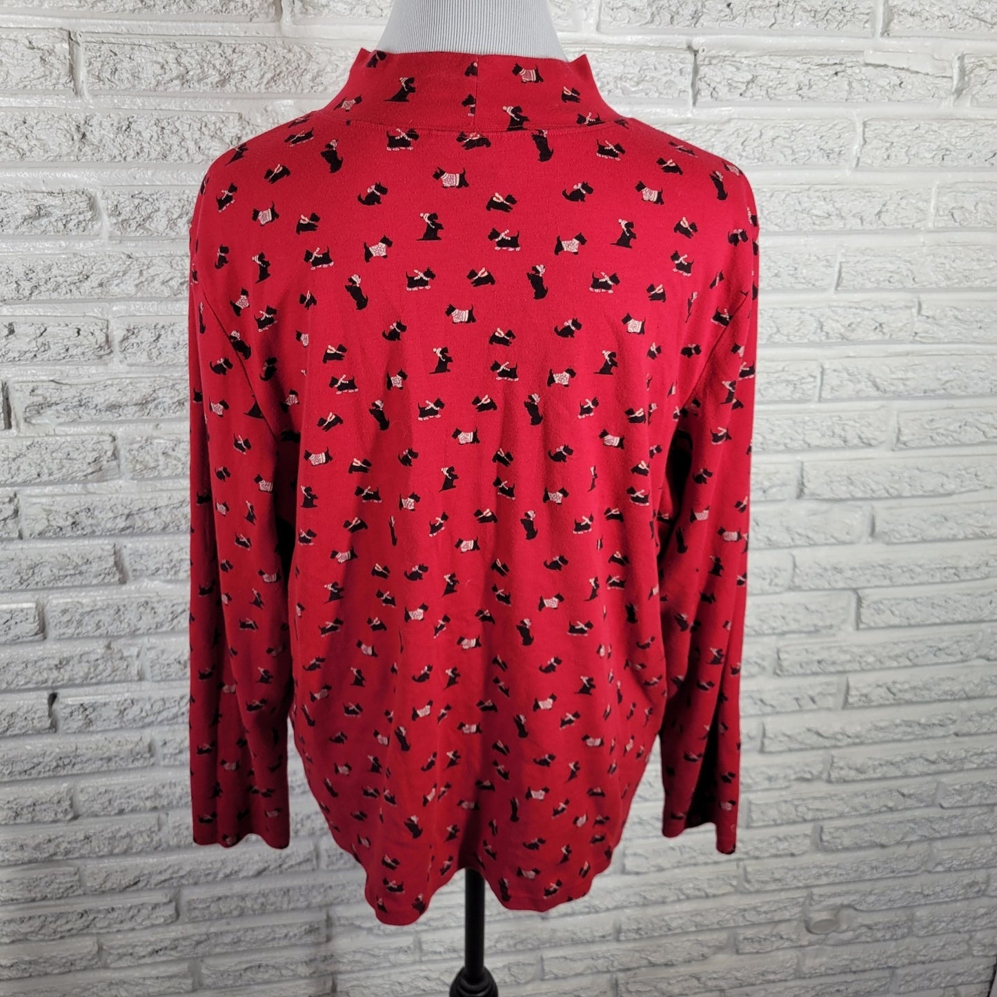 Karen Scott Women's 2X Plus Red Terrier Dog Print Long Sleeve Cotton Blend Top
