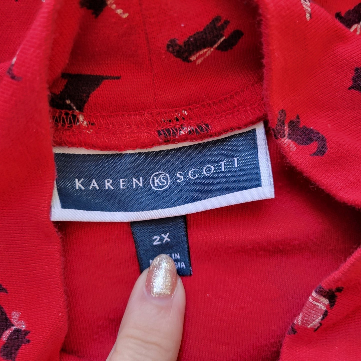 Karen Scott Women's 2X Plus Red Terrier Dog Print Long Sleeve Cotton Blend Top