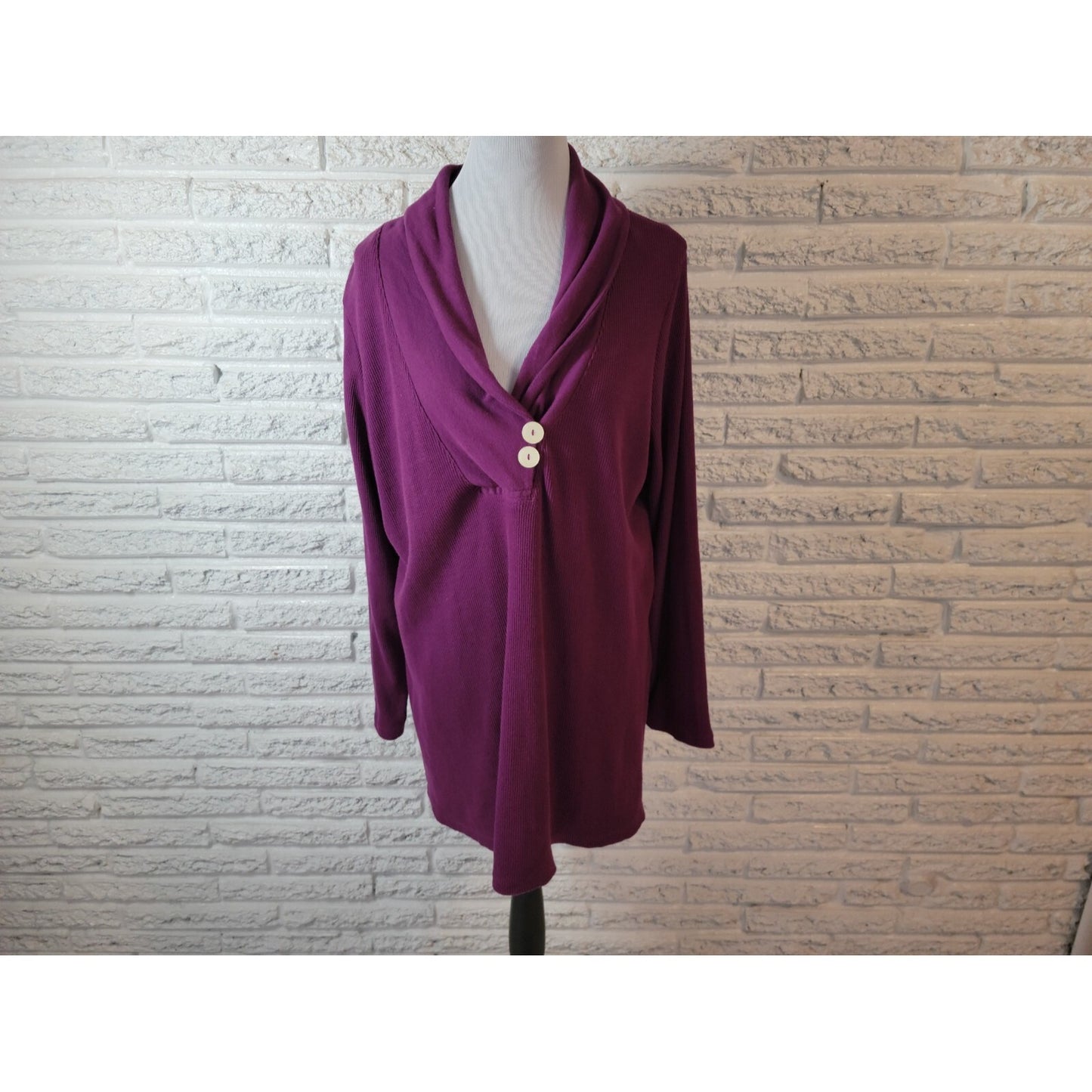 Roamans Womens Sweater 1X Plus Pullover Cowl Purple Deco Buttons Waffle Knit