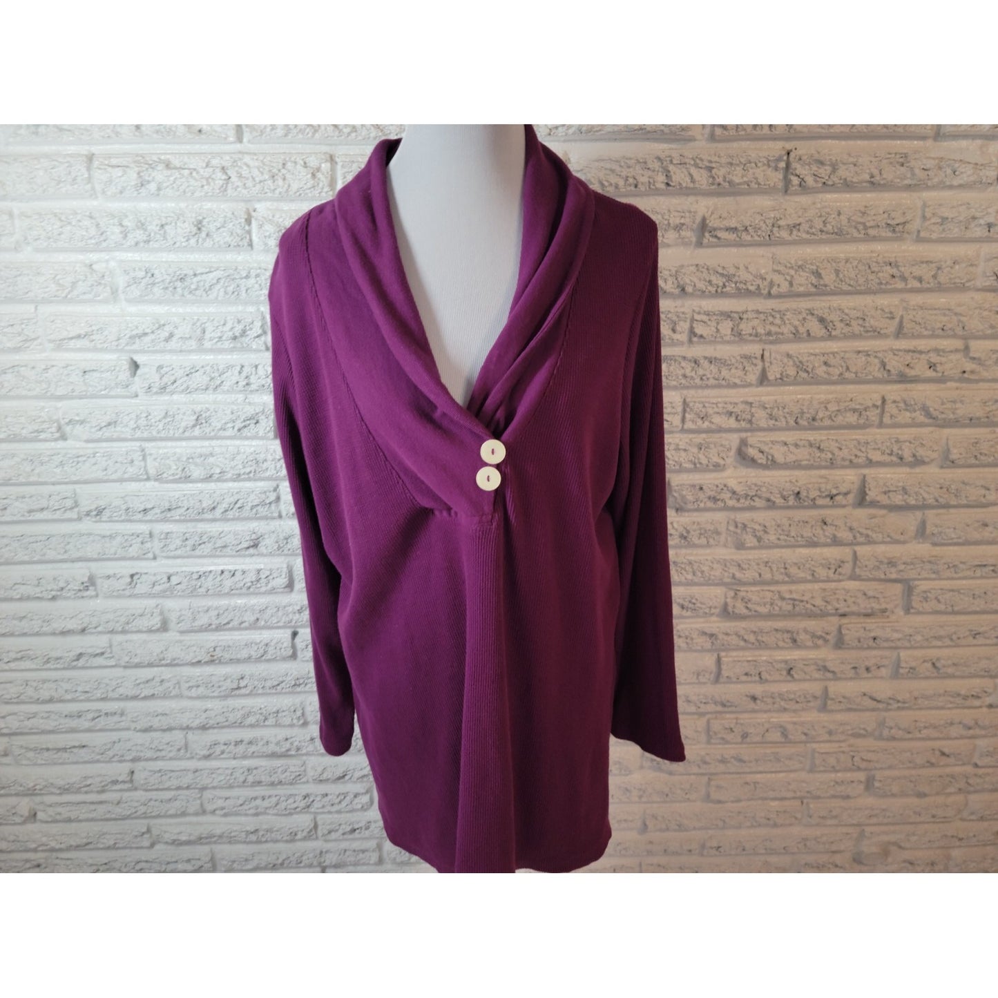 Roamans Womens Sweater 1X Plus Pullover Cowl Purple Deco Buttons Waffle Knit