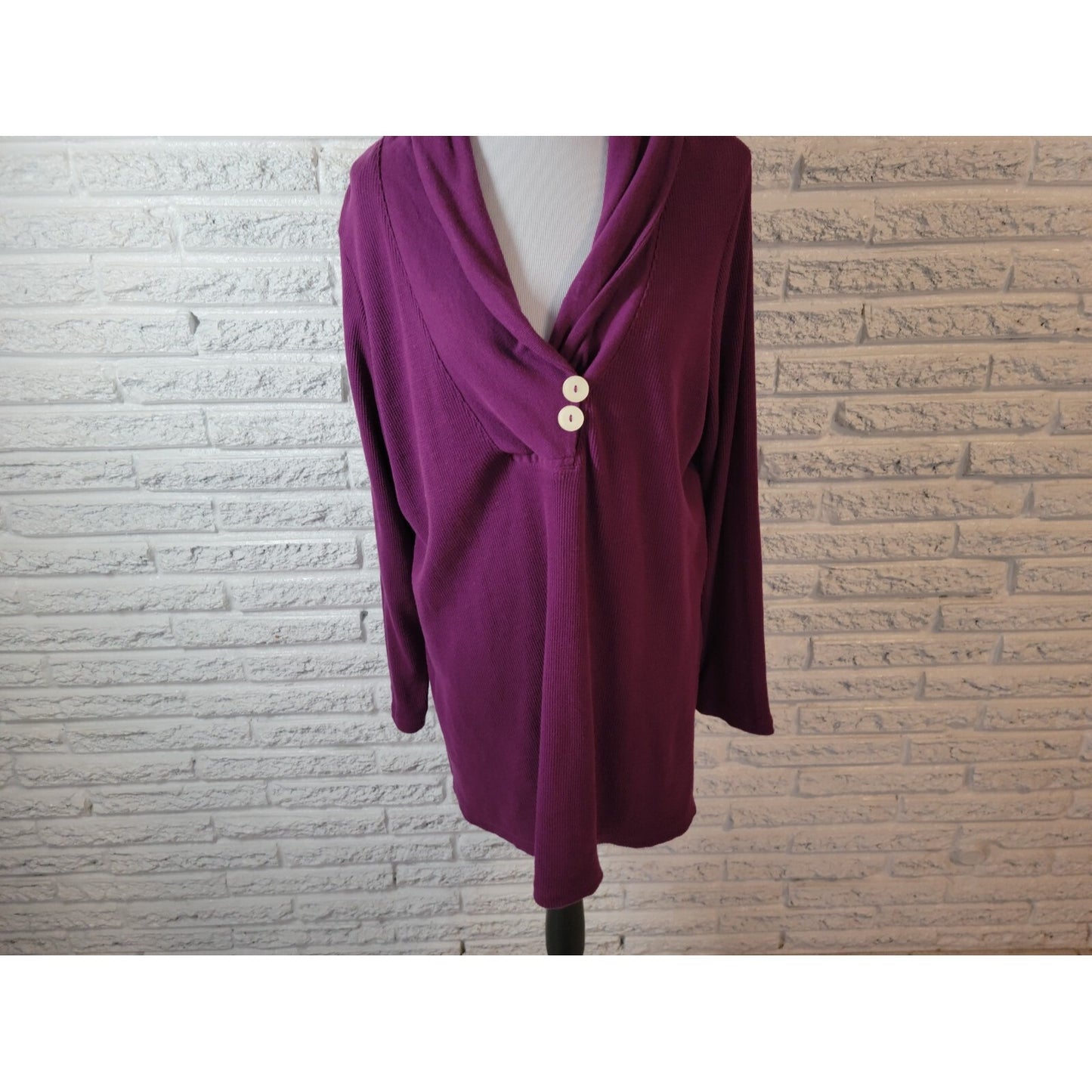 Roamans Womens Sweater 1X Plus Pullover Cowl Purple Deco Buttons Waffle Knit