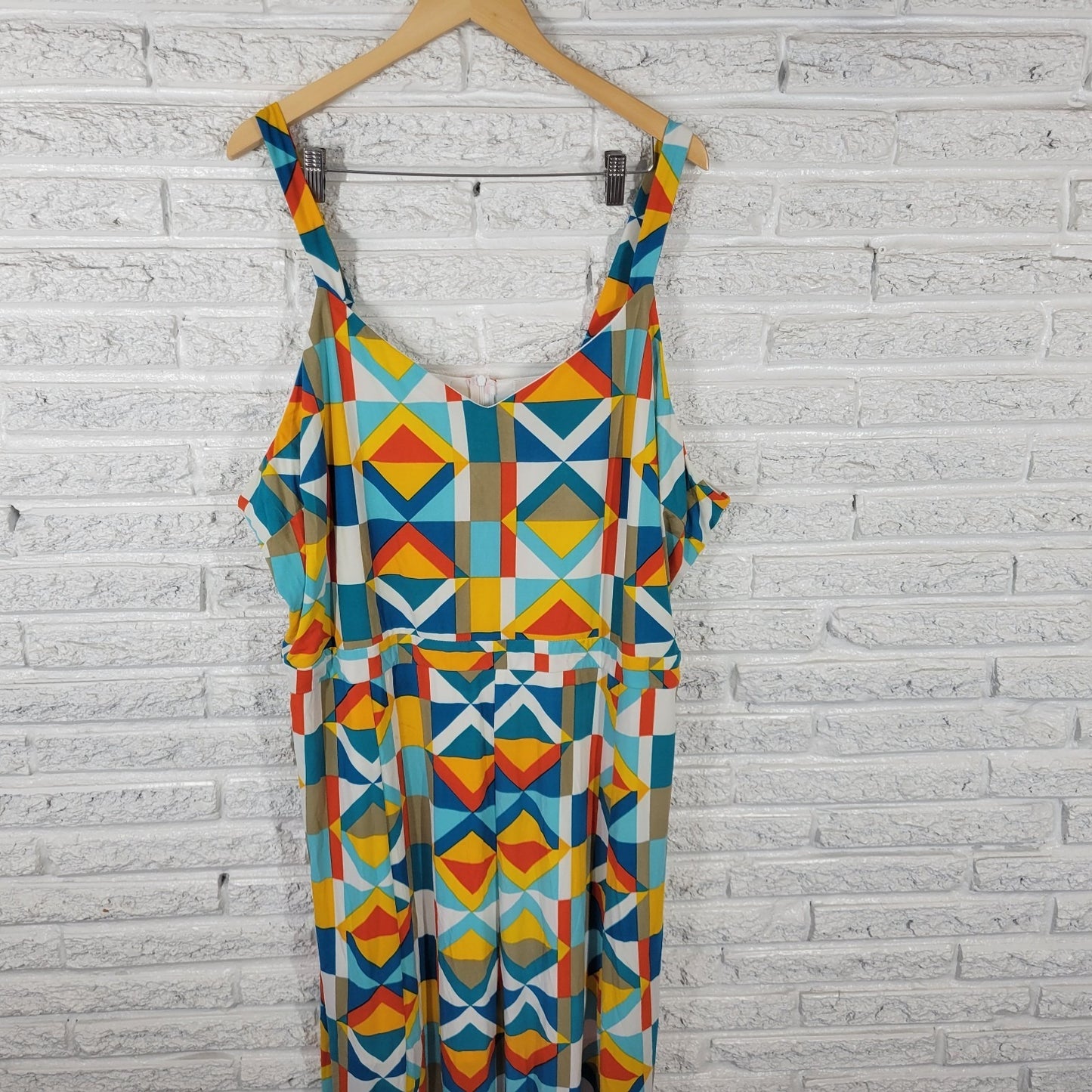 Ashley Stewart Womens Dress 30 32 Plus Sleeveless Blue Yellow Geometric Lined