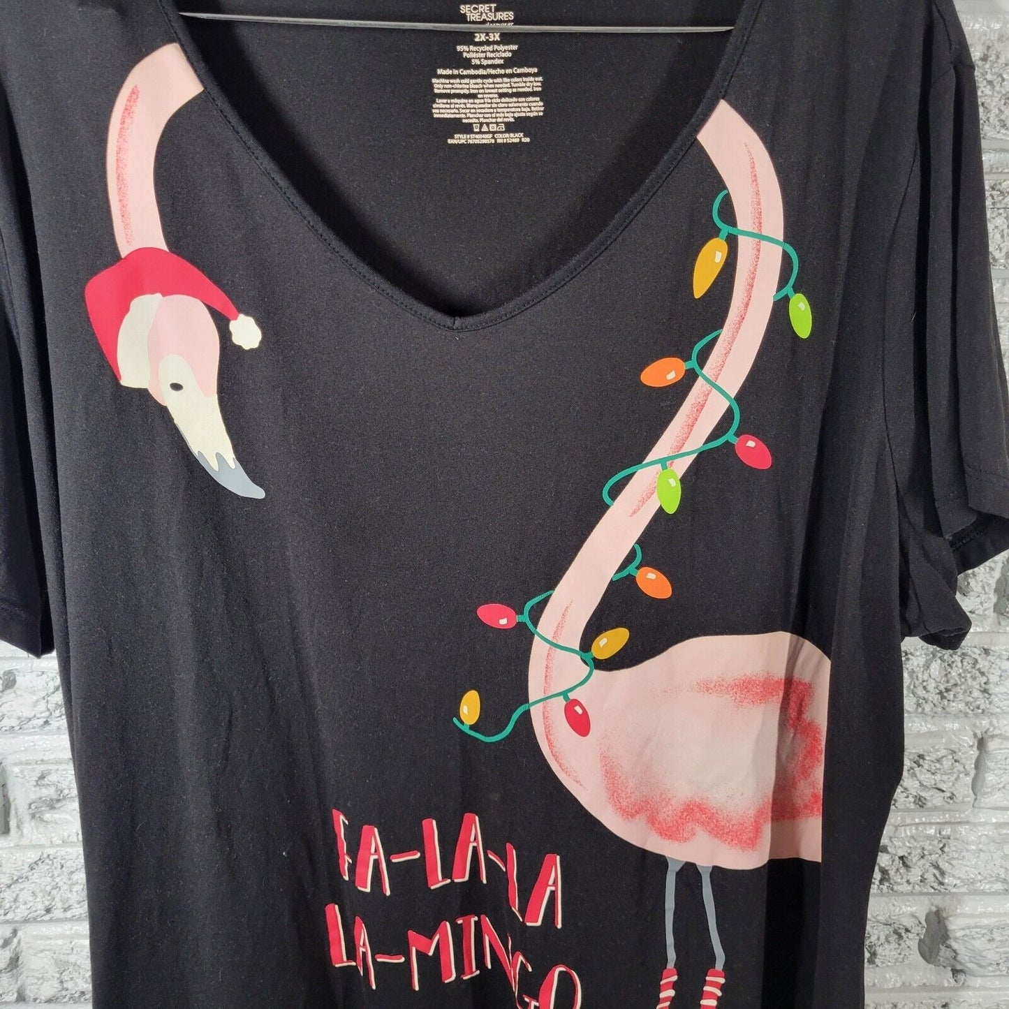 Christmas Secret Treasures Women Pajama 2X 3X Fa La La Flamingo Black Loungewear