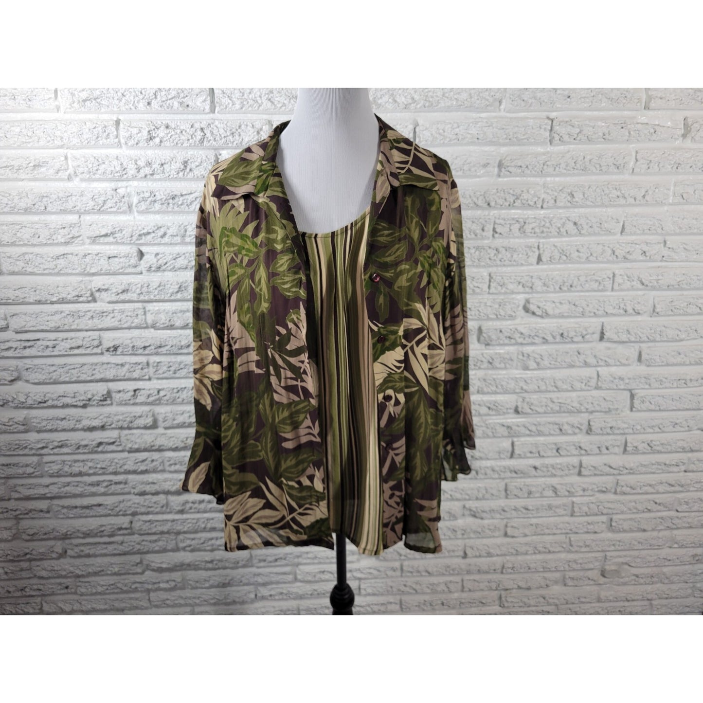 Style & Co Womens Top 20W Plus Long Bell Sleeve Green Floral with Tank Career