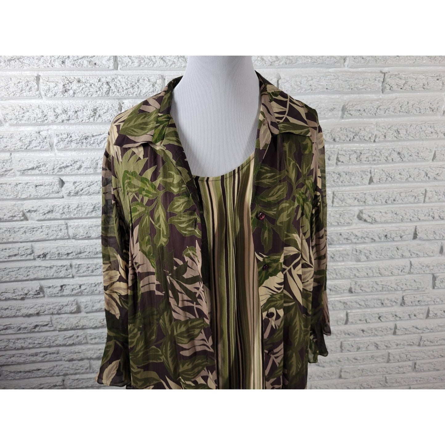 Style & Co Womens Top 20W Plus Long Bell Sleeve Green Floral with Tank Career