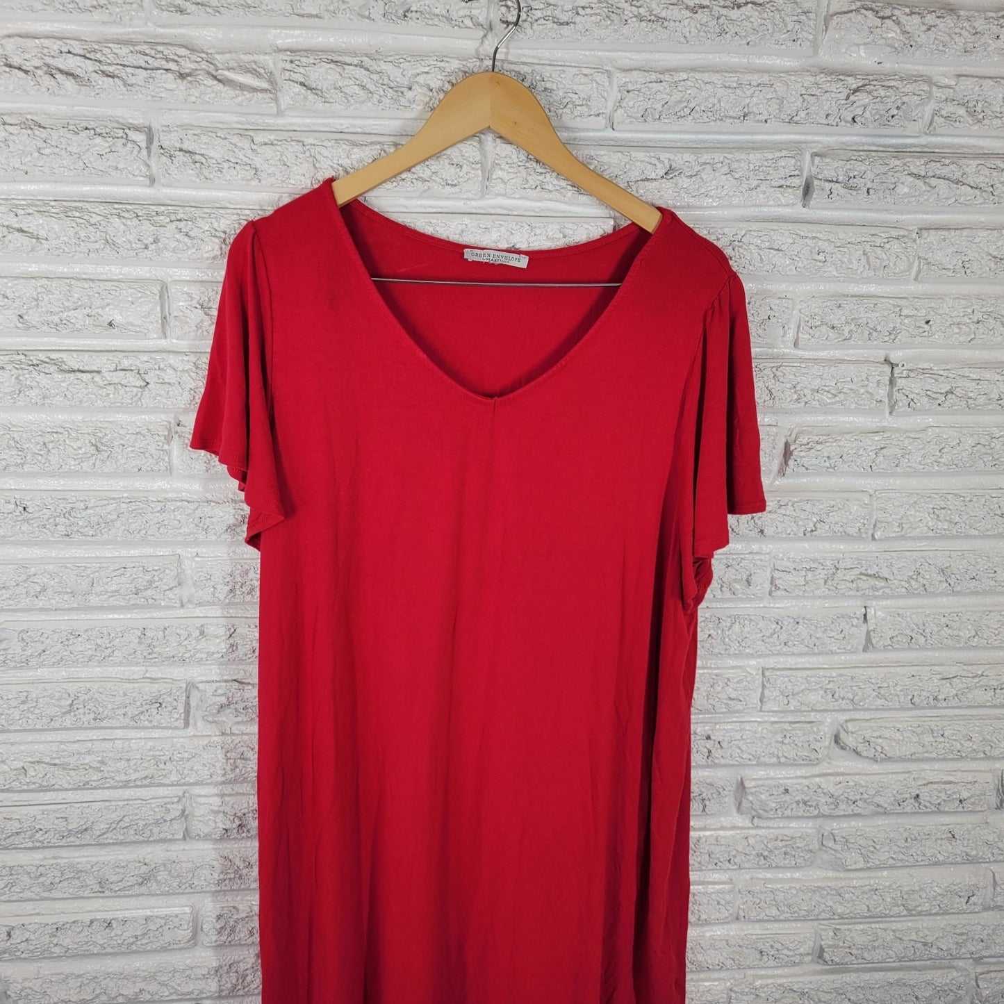 Green Envelope Womens Dress 2X Plus Mini Pullover Flutter Sleeve Red Rayon Blend