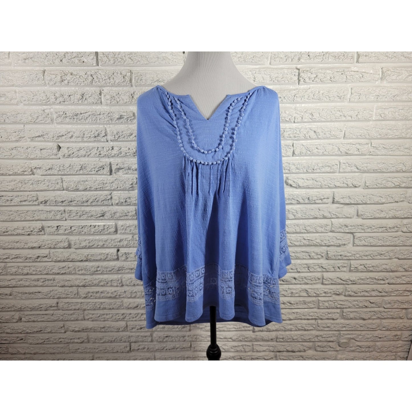 New Directions Women Top 3X Plus Tunic Crochet Sleeve Blue Ric Rac Poly Blend