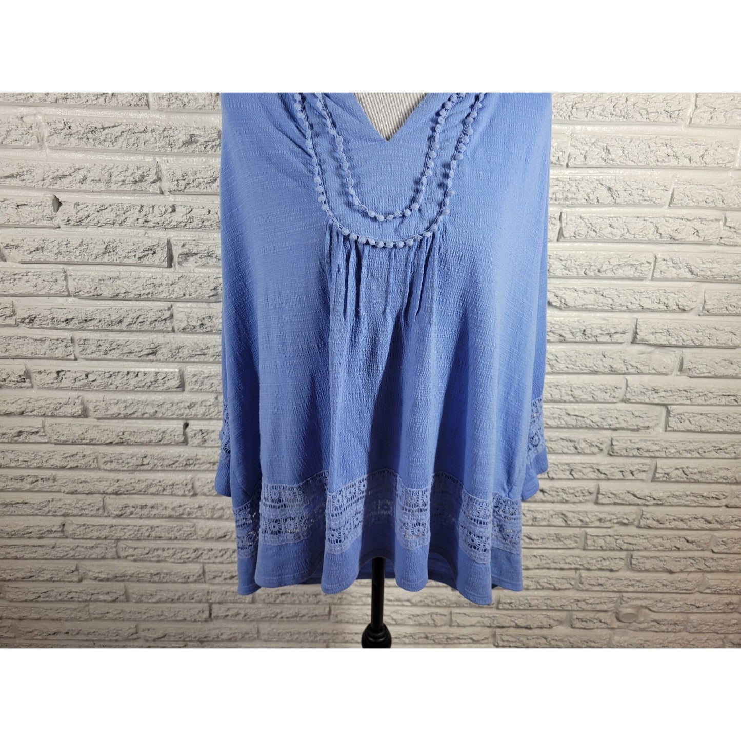 New Directions Women Top 3X Plus Tunic Crochet Sleeve Blue Ric Rac Poly Blend