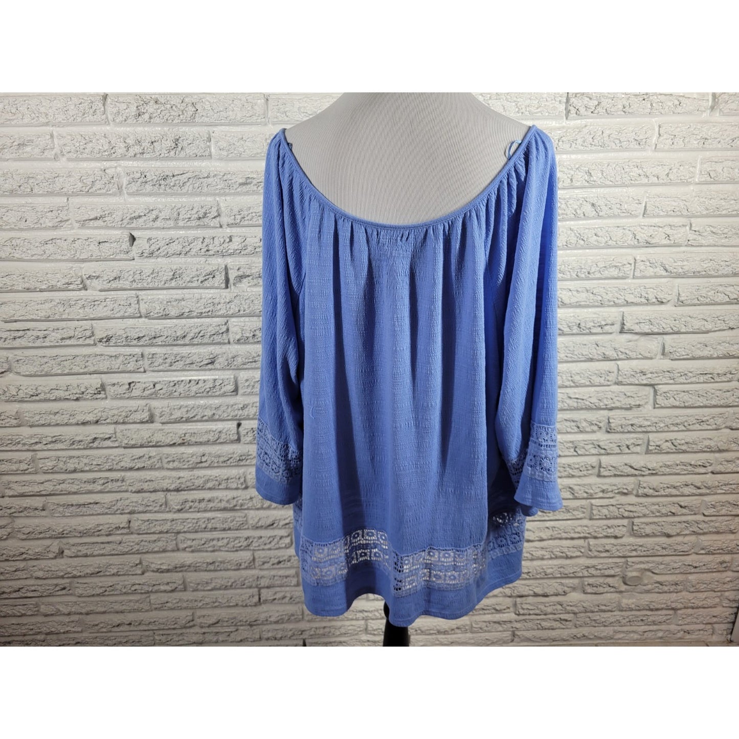 New Directions Women Top 3X Plus Tunic Crochet Sleeve Blue Ric Rac Poly Blend