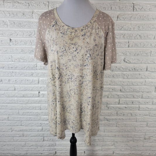 LOGO Lori Goldstein QVC Womens Top 1X Plus Tunic Beige Floral Embroidered Mesh