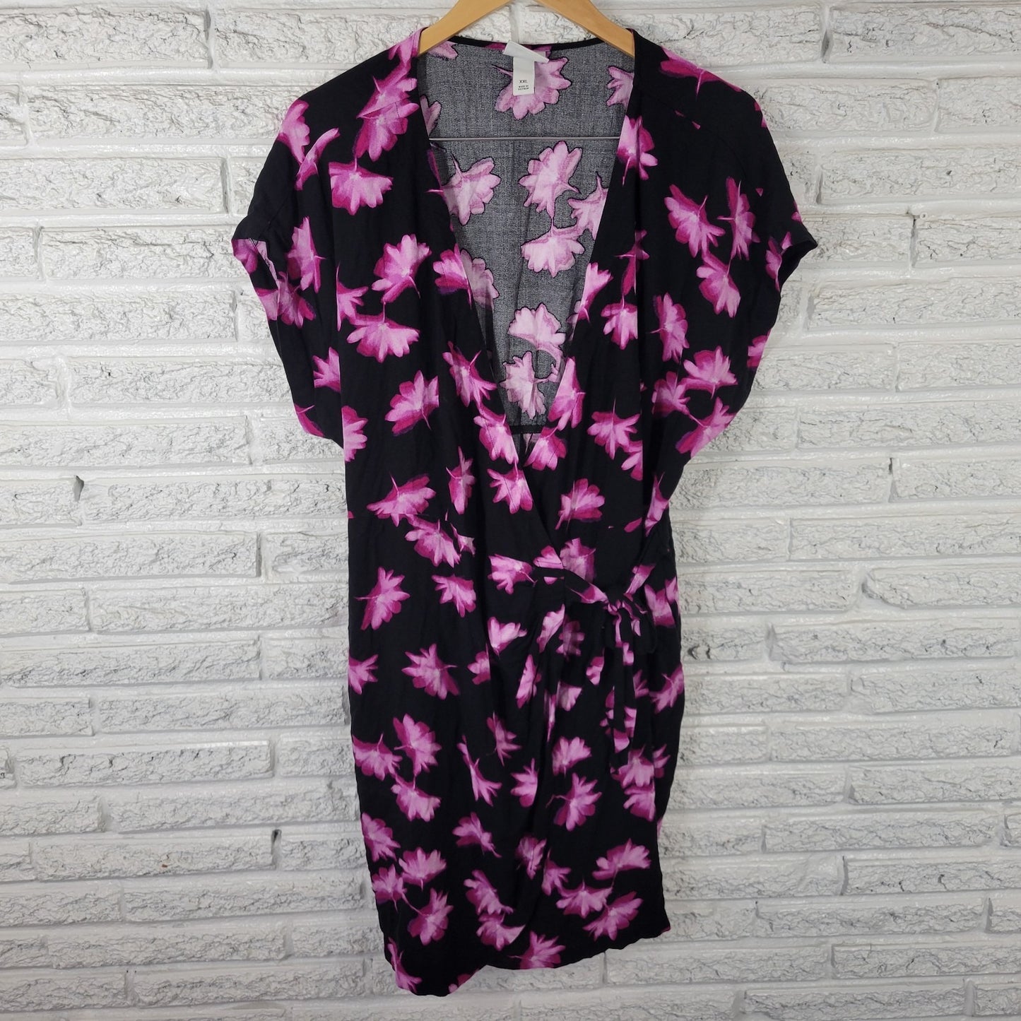 Ava Viv Women Dress XXL Plus Mini Wrap Black Purple Floral Rayon Casual Pullover