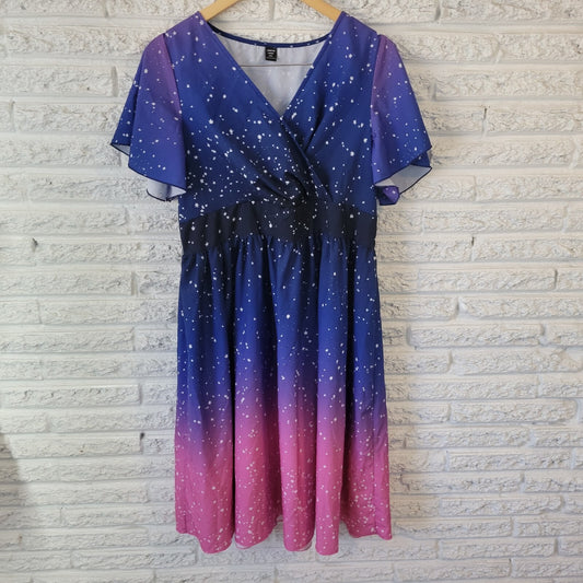 Shein Women Dress 2XL Plus Short Flutter Sleeve Fit Flare Stars Galaxy Polyester