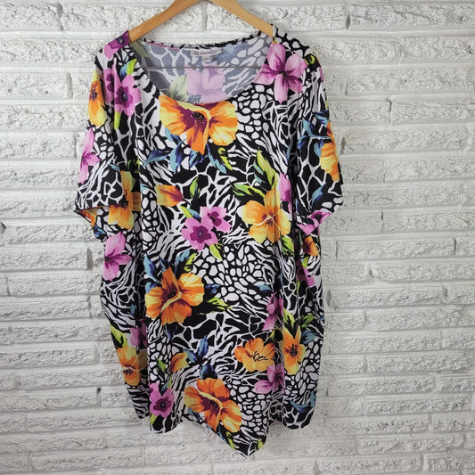 Roamans Women Top 3X Plus Short Sleeve Yellow Floral Poly Blend Career Casual