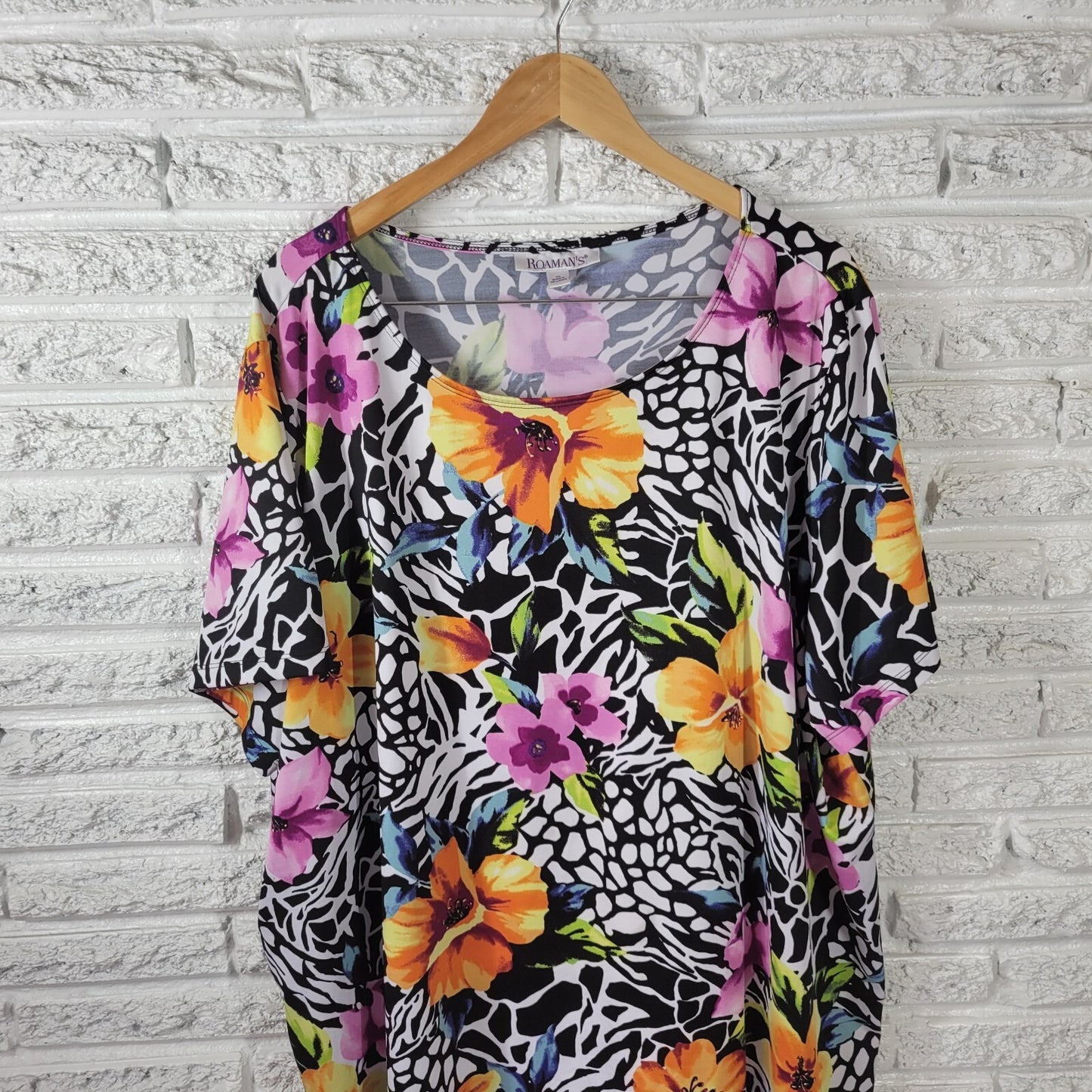Roamans Women Top 3X Plus Short Sleeve Yellow Floral Poly Blend Career Casual