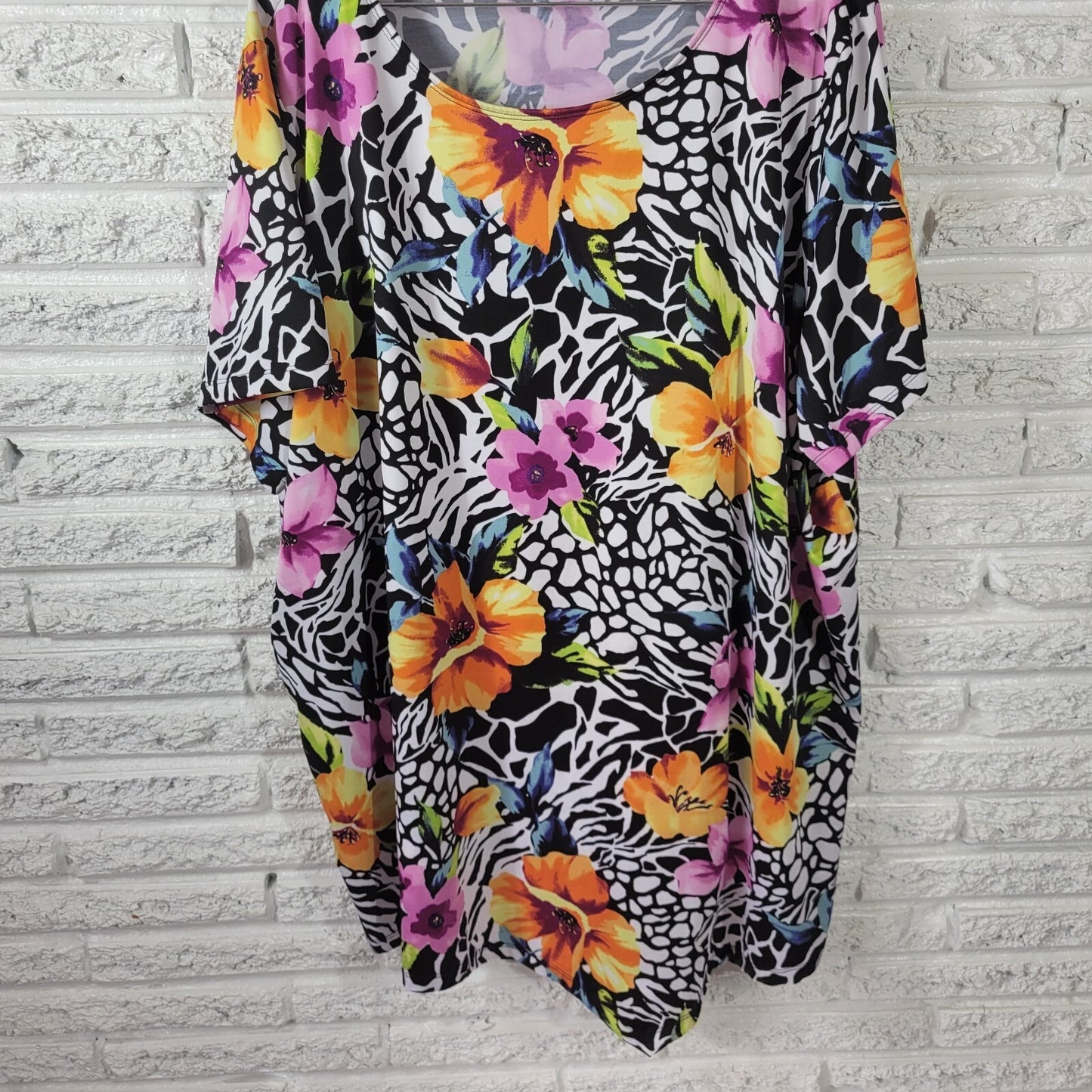 Roamans Women Top 3X Plus Short Sleeve Yellow Floral Poly Blend Career Casual