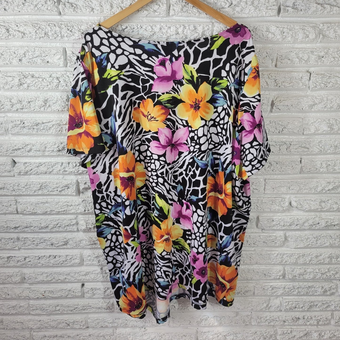 Roamans Women Top 3X Plus Short Sleeve Yellow Floral Poly Blend Career Casual