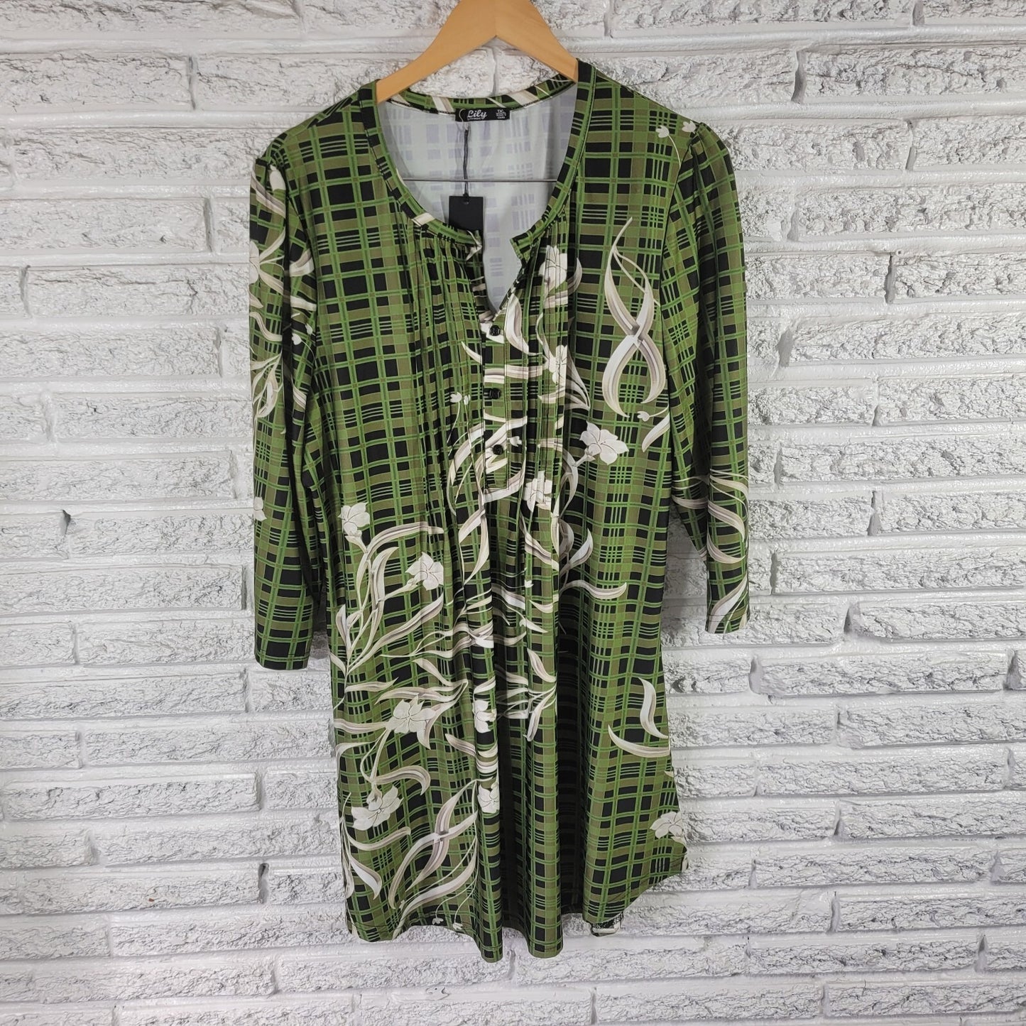 Lily Firmiana Womens Dress 1XL Plus Mini Long Sleeve Green Floral Lightweight