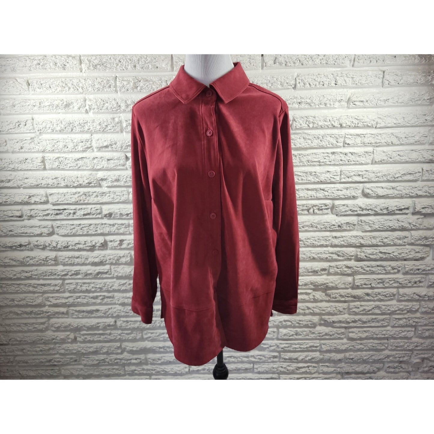 Croft Barrow Womens Top 1X Plus Long Sleeve Burgundy Velour Collar Button Up