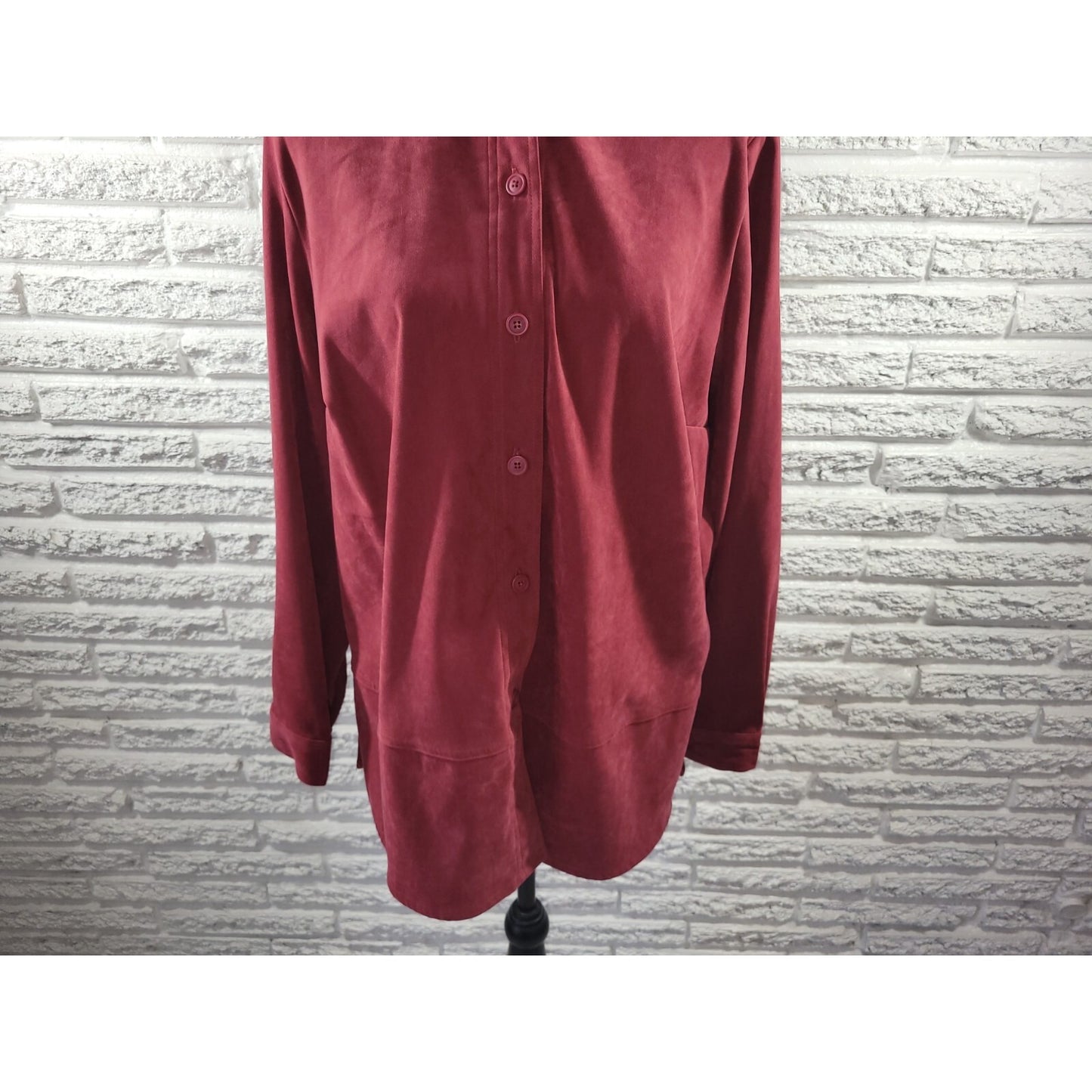 Croft Barrow Womens Top 1X Plus Long Sleeve Burgundy Velour Collar Button Up