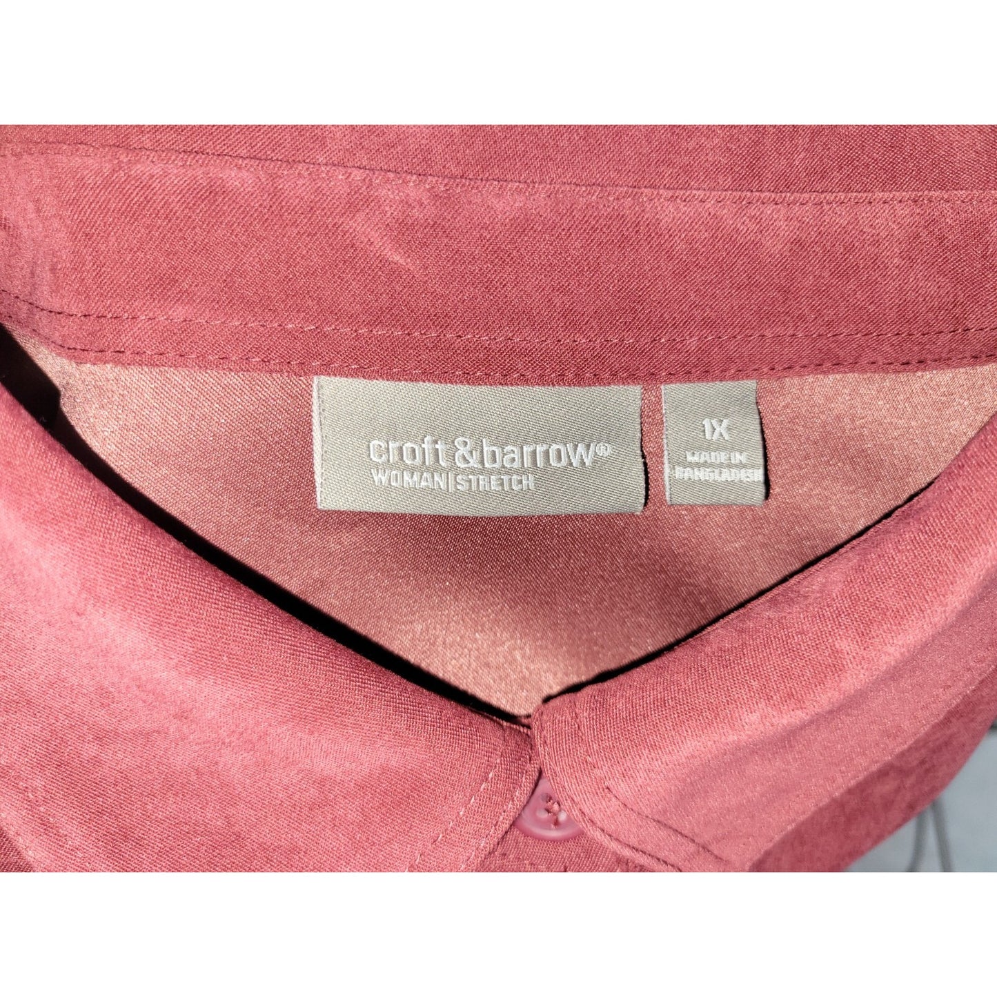 Croft Barrow Womens Top 1X Plus Long Sleeve Burgundy Velour Collar Button Up