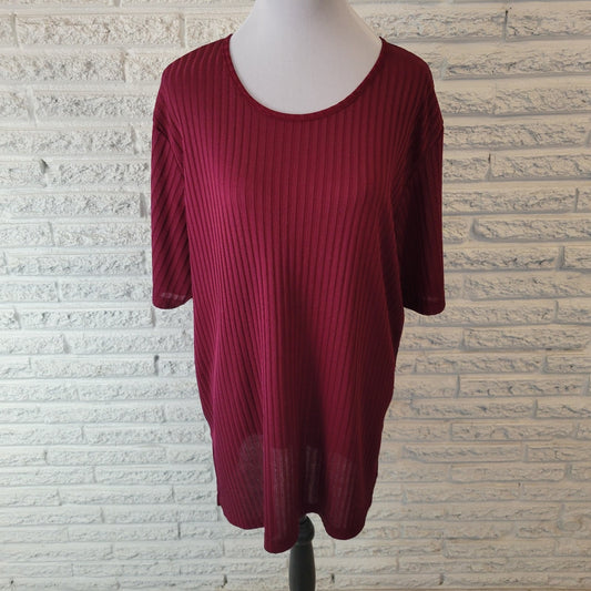 Ashley Stewart Womens Top 18 20 Short Sleeve Burgundy Sheer Ribbed Lightweight