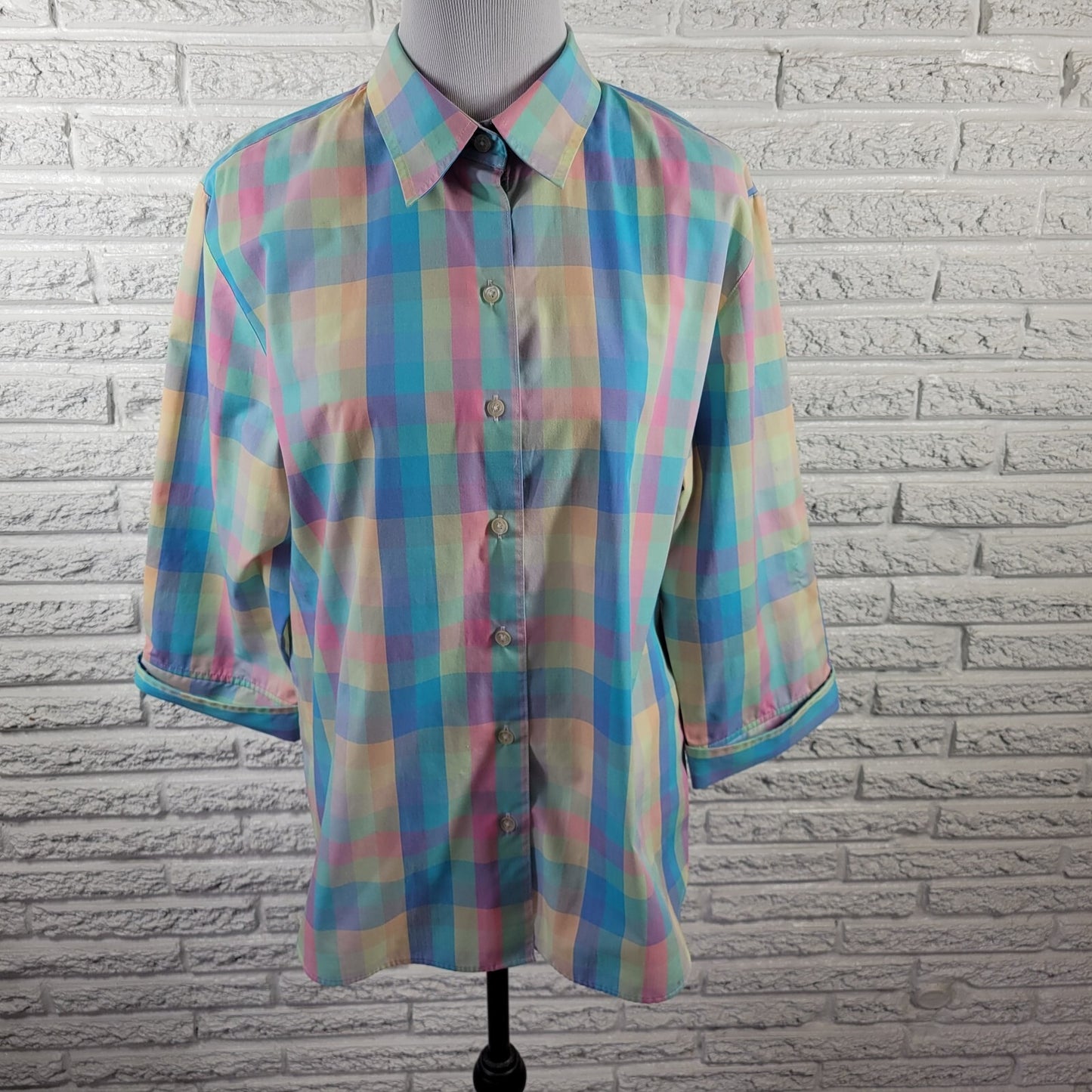 Westbound Womens Top 18 Cuff Sleeve Wrinkle Free Lightweight Blue Plaid Pastel