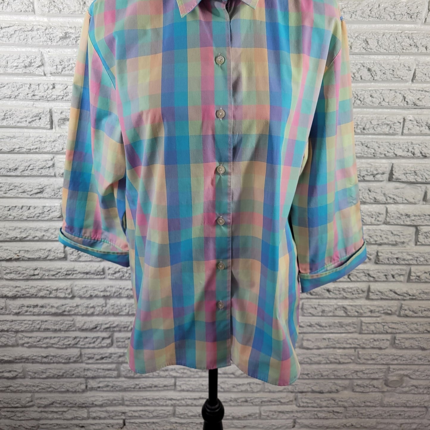 Westbound Womens Top 18 Cuff Sleeve Wrinkle Free Lightweight Blue Plaid Pastel