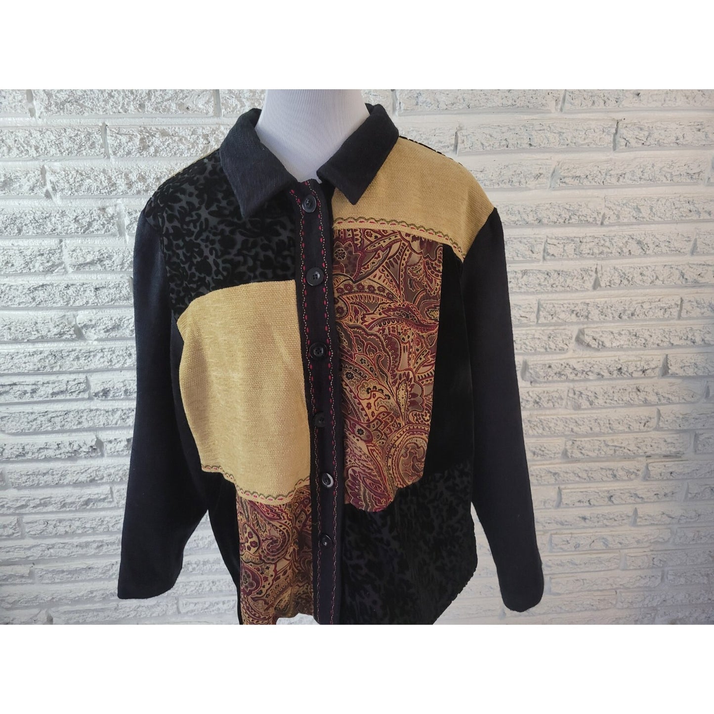 Napa Valley Womens Sweater 2X Plus Cardigan Black Velvet Burnout Panels Acrylic