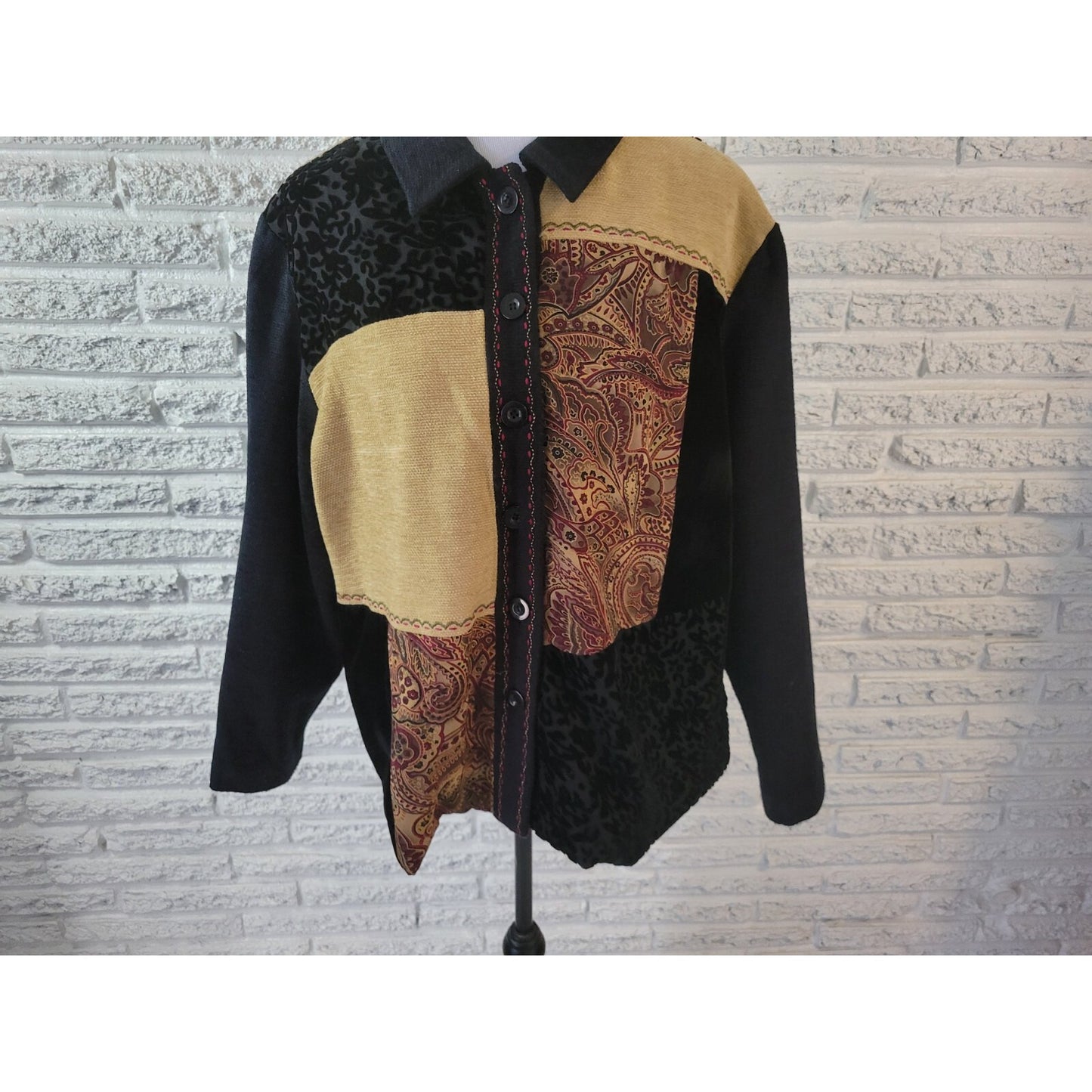 Napa Valley Womens Sweater 2X Plus Cardigan Black Velvet Burnout Panels Acrylic