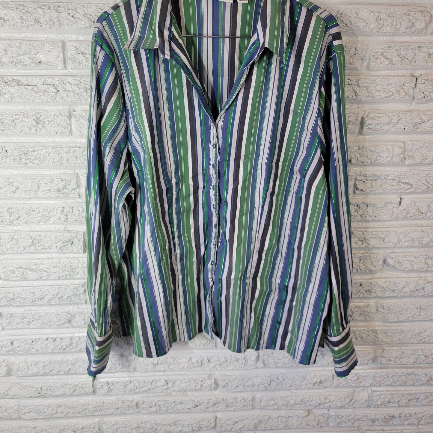 Cato Womens Top 26W 28W Plus Green Stripe Lightweight Metallic Thread Collar