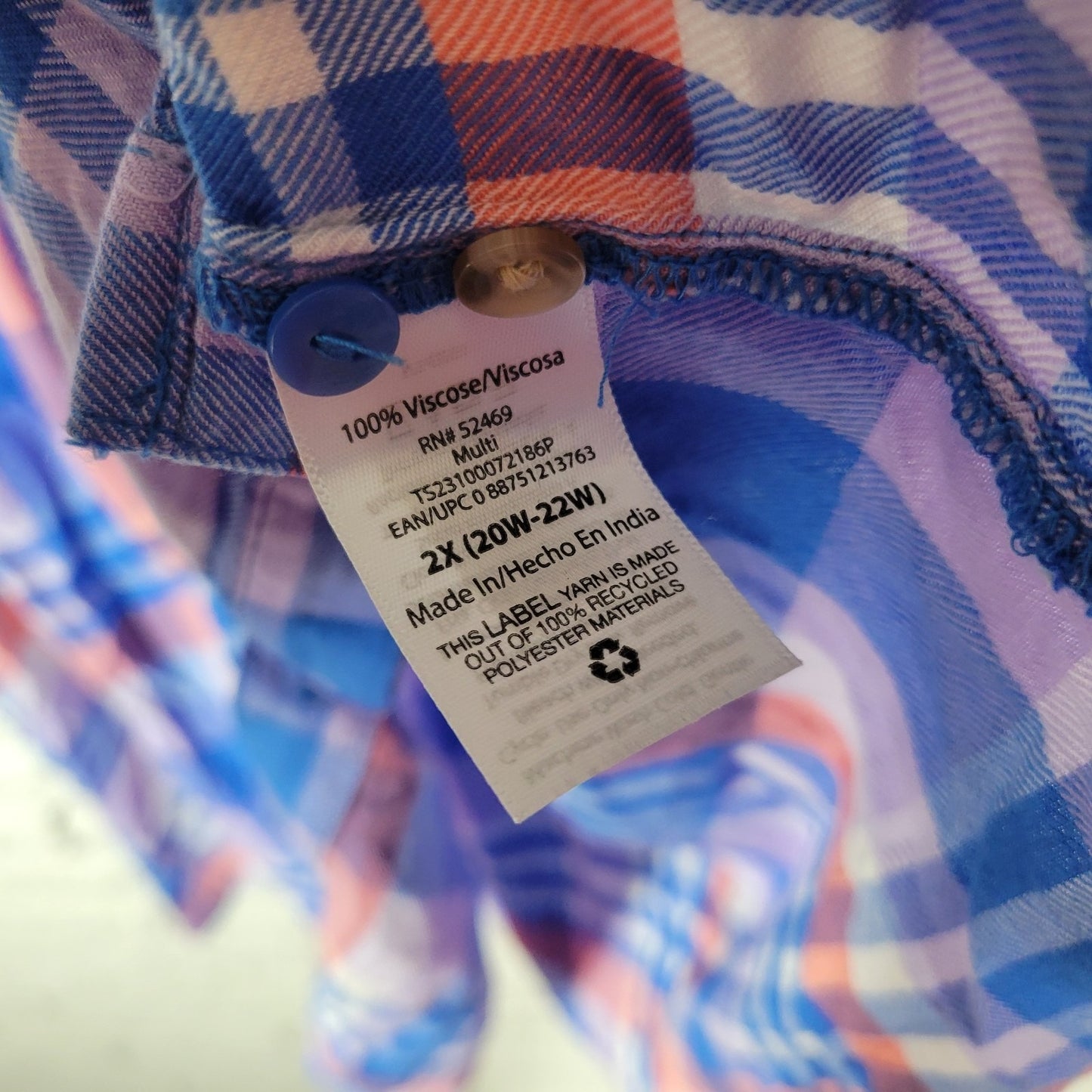 Terra Sky Womens Top 2X Plus Sleeveless Collar Button Up Pintucked Blue Plaid