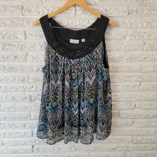 Avenue Womens Top 18 20 Plus Sleeveless Black Blue Geometric Sheer Lined Casual