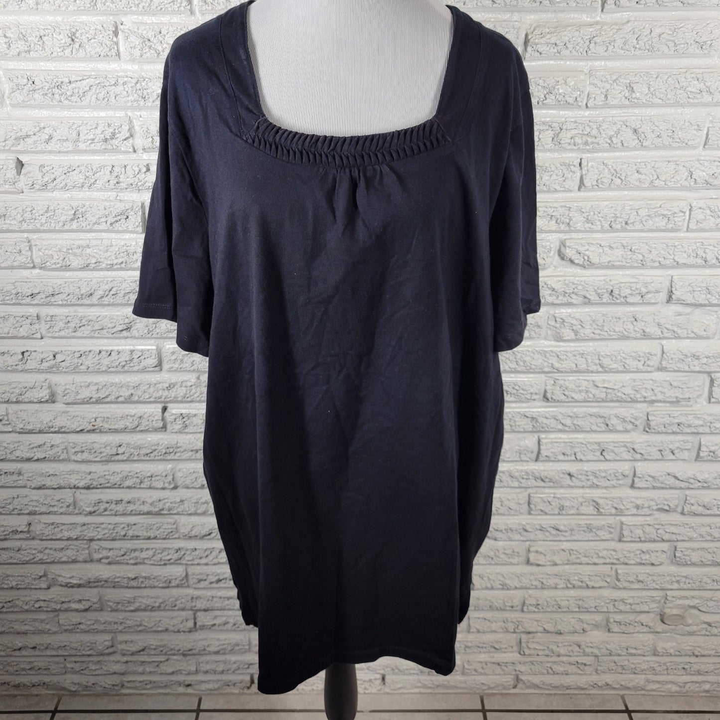Liz Me Women Top 2X Plus Tunic Black Cotton Pintucked Square Neck Comfy Casual