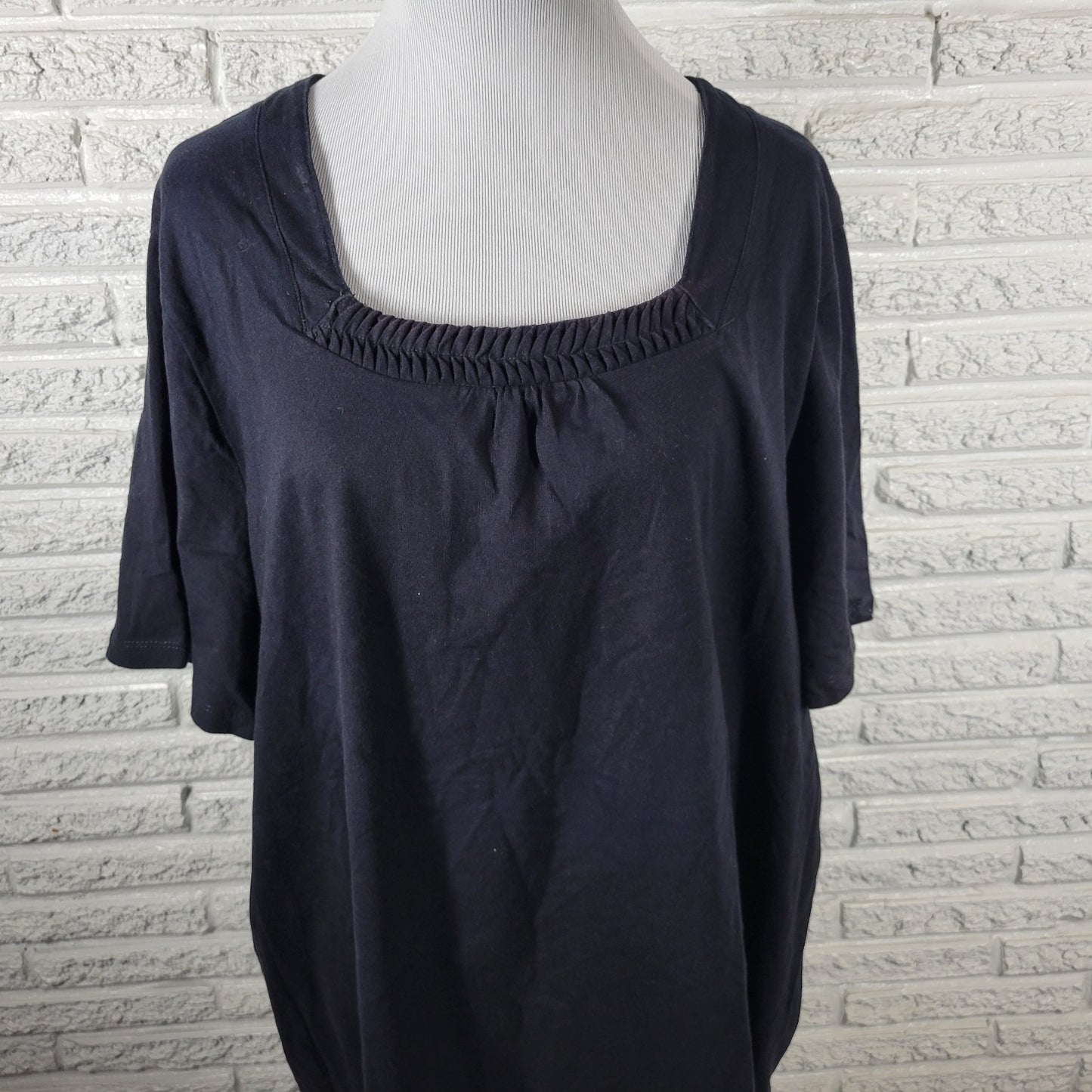 Liz Me Women Top 2X Plus Tunic Black Cotton Pintucked Square Neck Comfy Casual