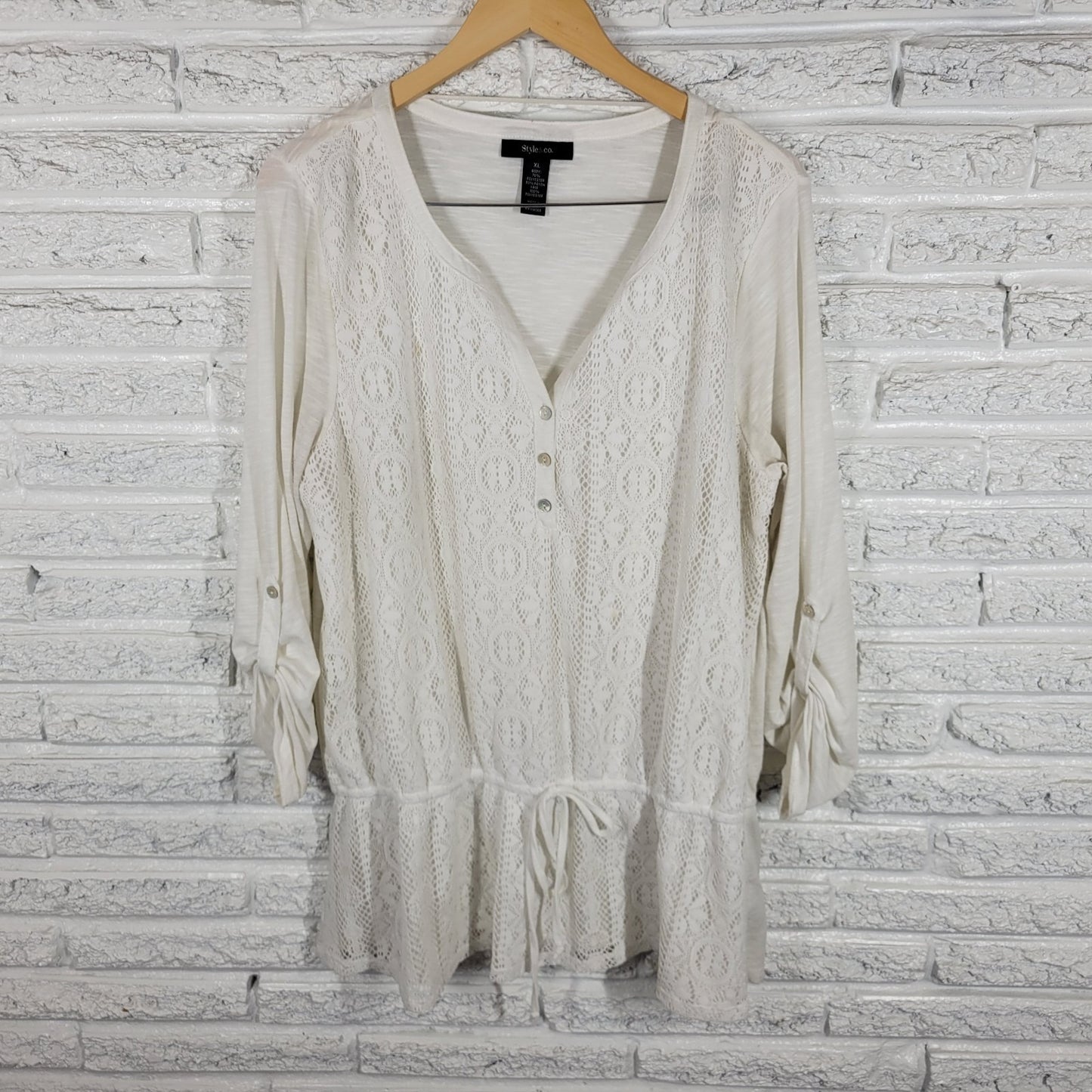 Style Co Womens Top Extra Large Tunic Roll Tab Sleeve Crochet Lace White Casual