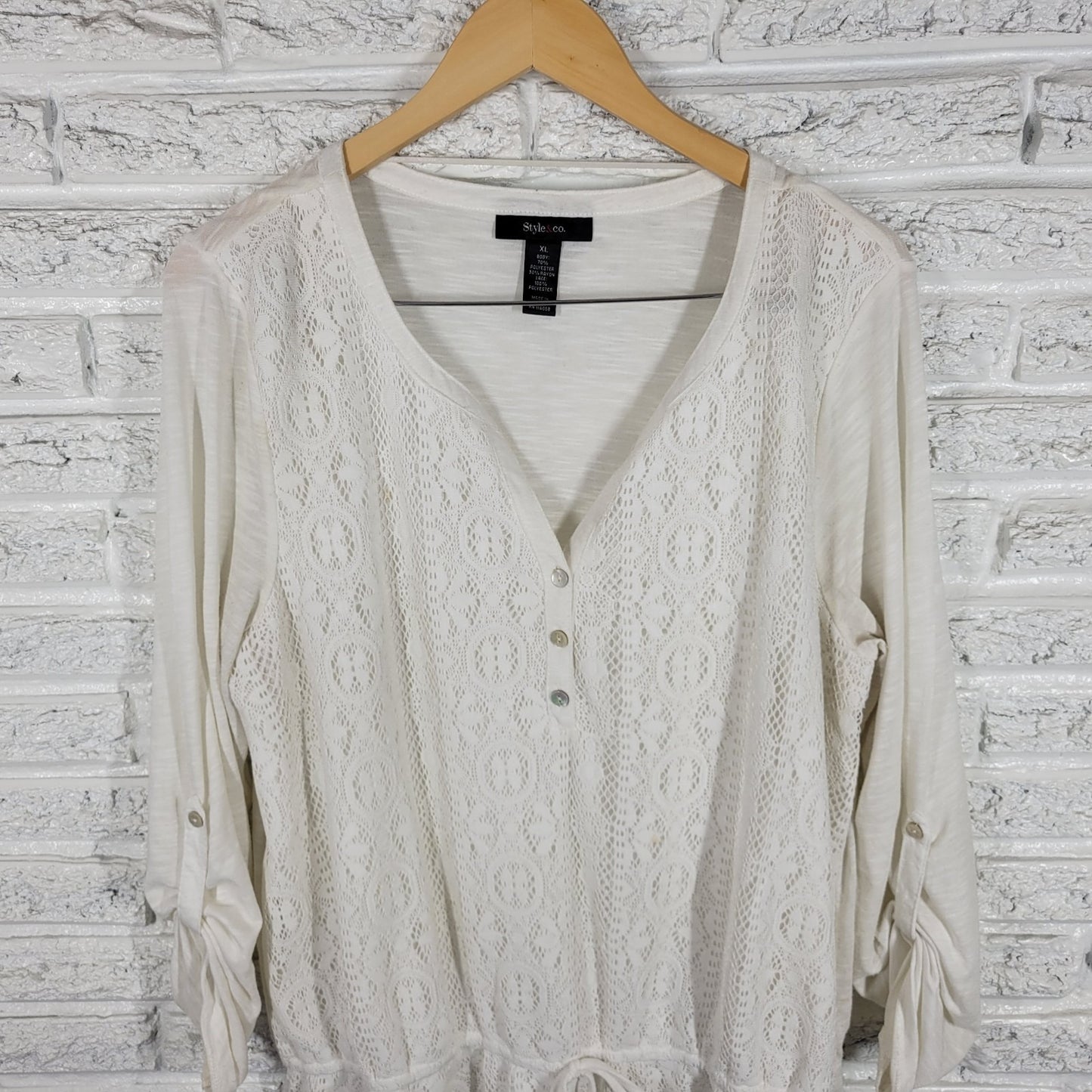 Style Co Womens Top Extra Large Tunic Roll Tab Sleeve Crochet Lace White Casual