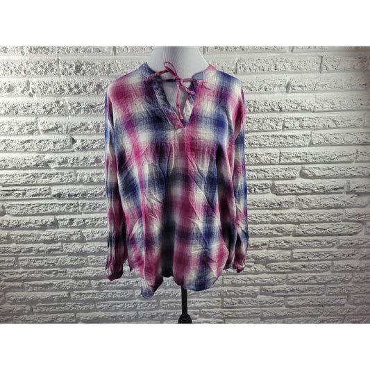Bit Bridle Womens Top 2X Tunic Long Sleeve Purple Blue Plaid Cotton Keyhole
