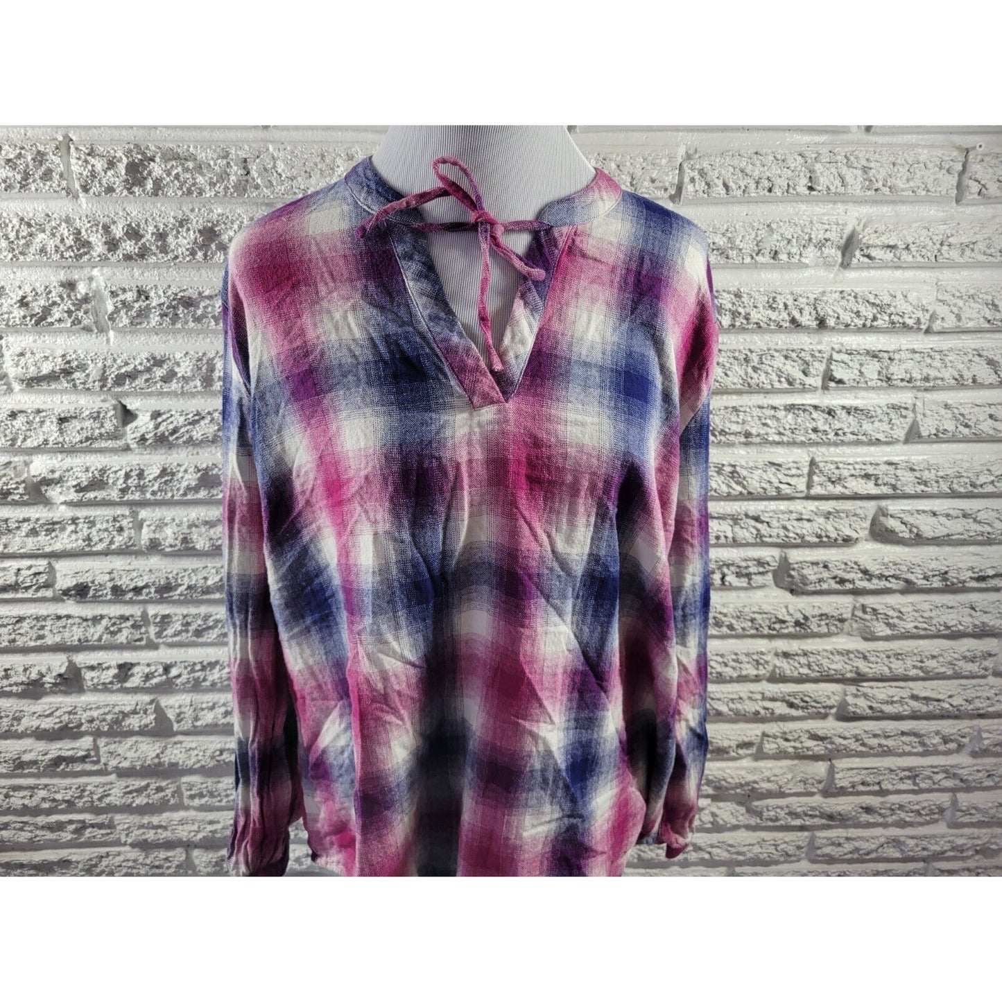 Bit Bridle Womens Top 2X Tunic Long Sleeve Purple Blue Plaid Cotton Keyhole