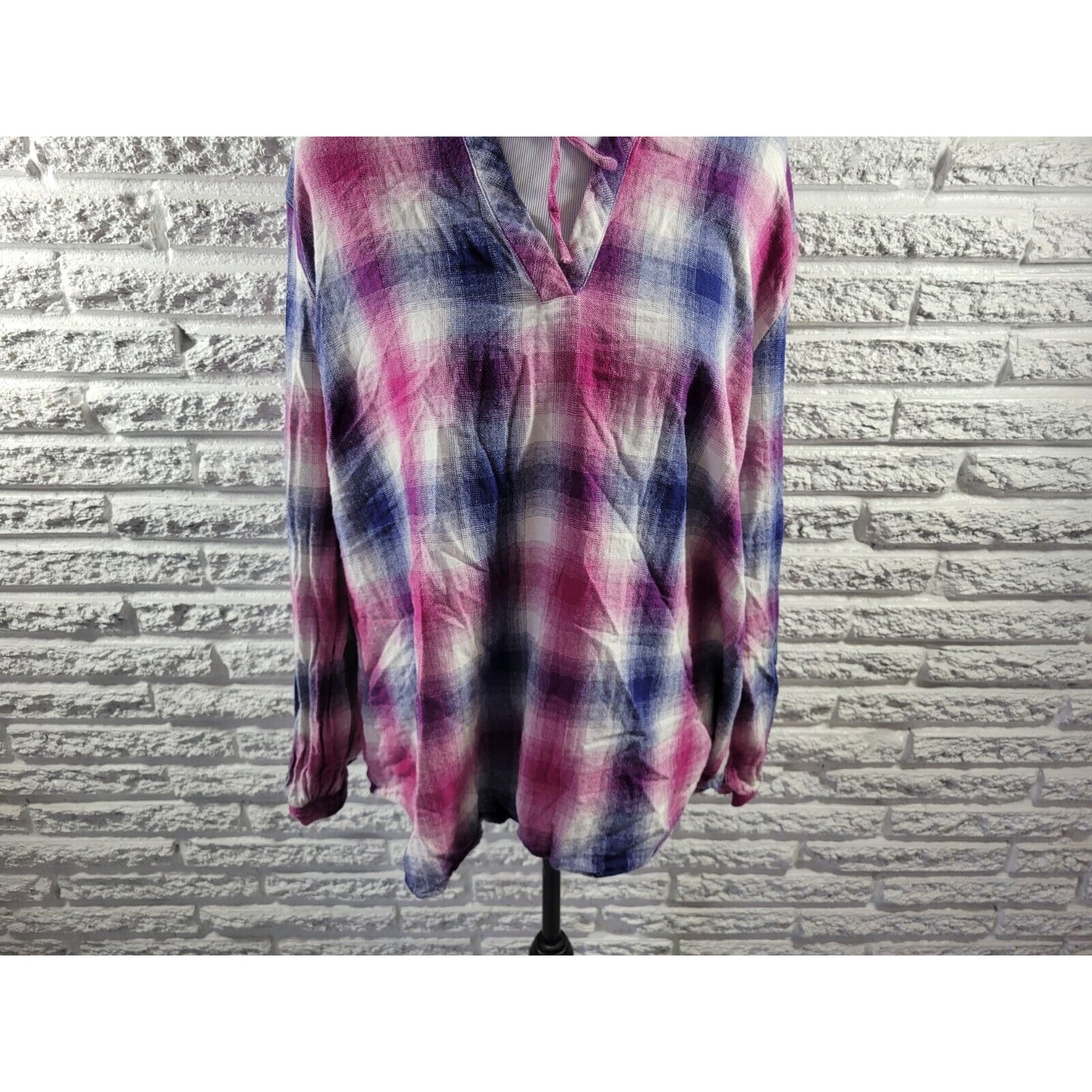 Bit Bridle Womens Top 2X Tunic Long Sleeve Purple Blue Plaid Cotton Keyhole