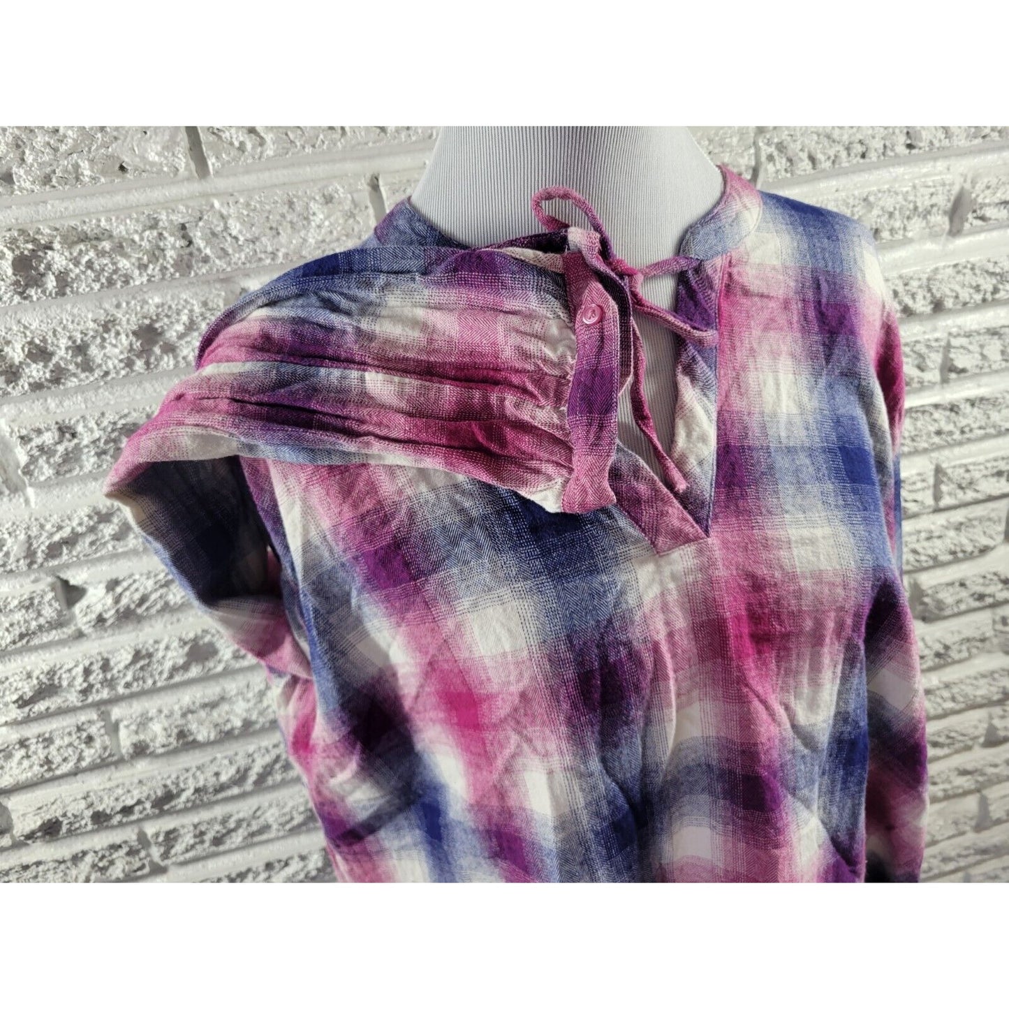 Bit Bridle Womens Top 2X Tunic Long Sleeve Purple Blue Plaid Cotton Keyhole