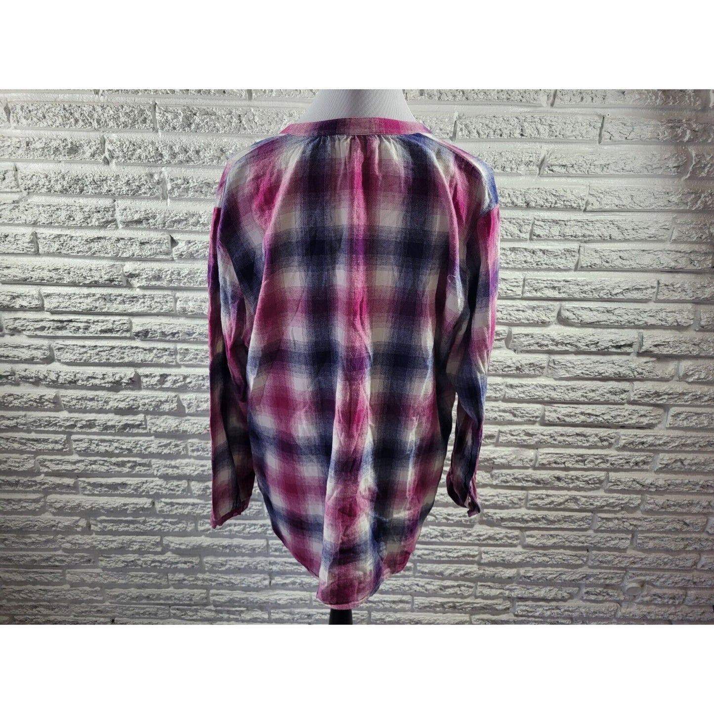 Bit Bridle Womens Top 2X Tunic Long Sleeve Purple Blue Plaid Cotton Keyhole