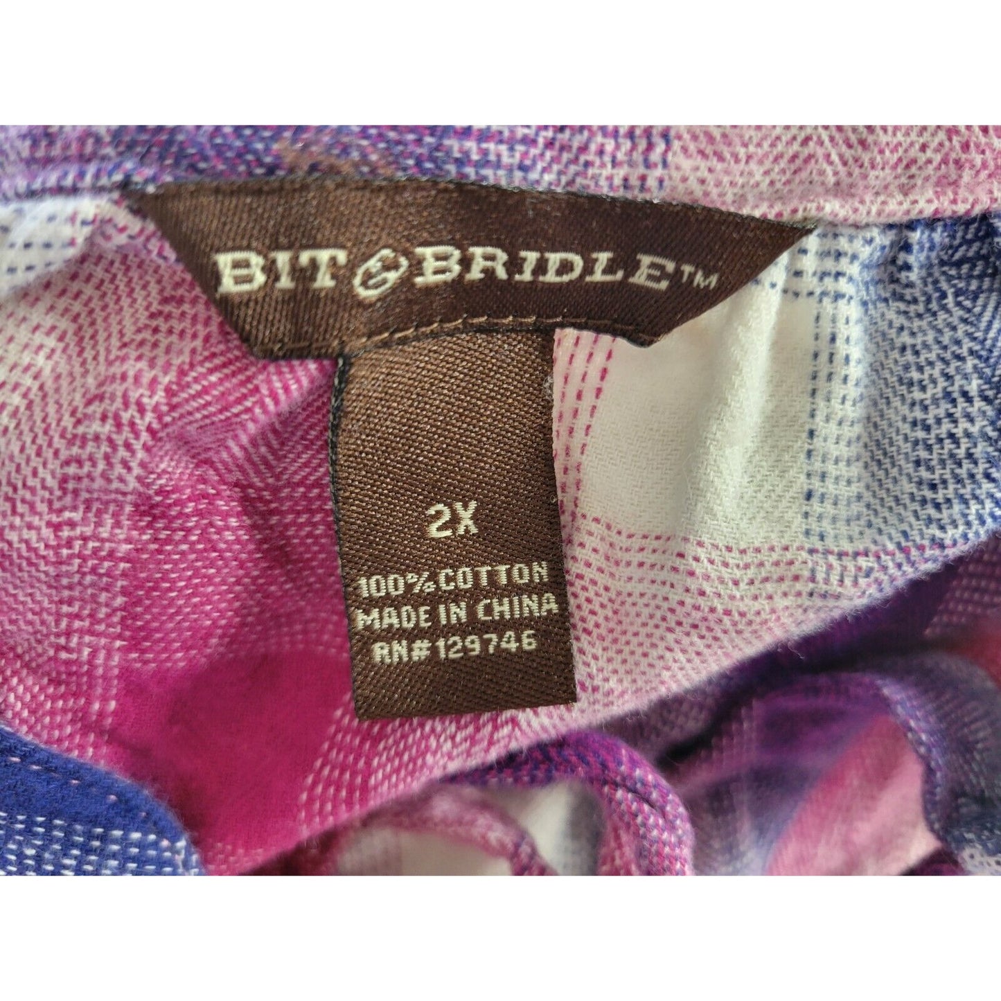 Bit Bridle Womens Top 2X Tunic Long Sleeve Purple Blue Plaid Cotton Keyhole