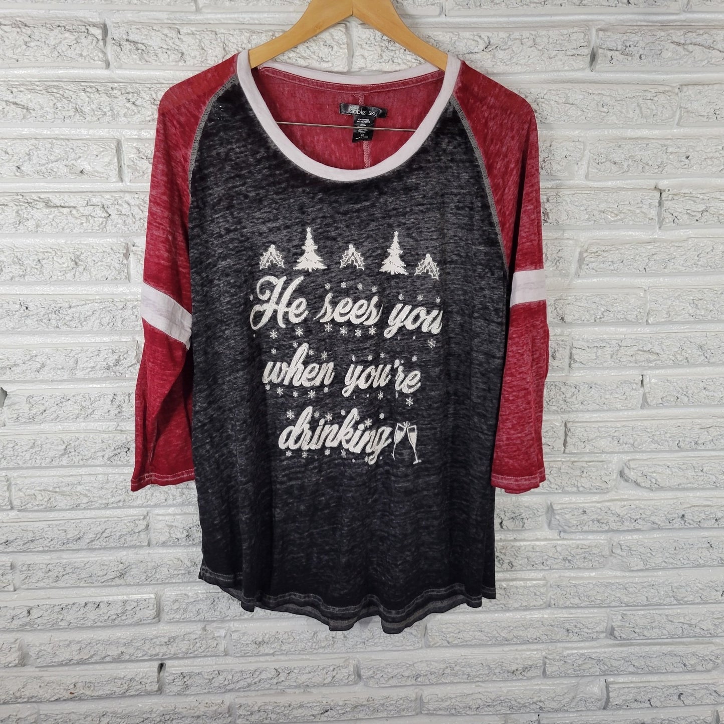 Christmas Womens Top 2X Plus Black Burnout He Sees You When Youre Drinking Sheer