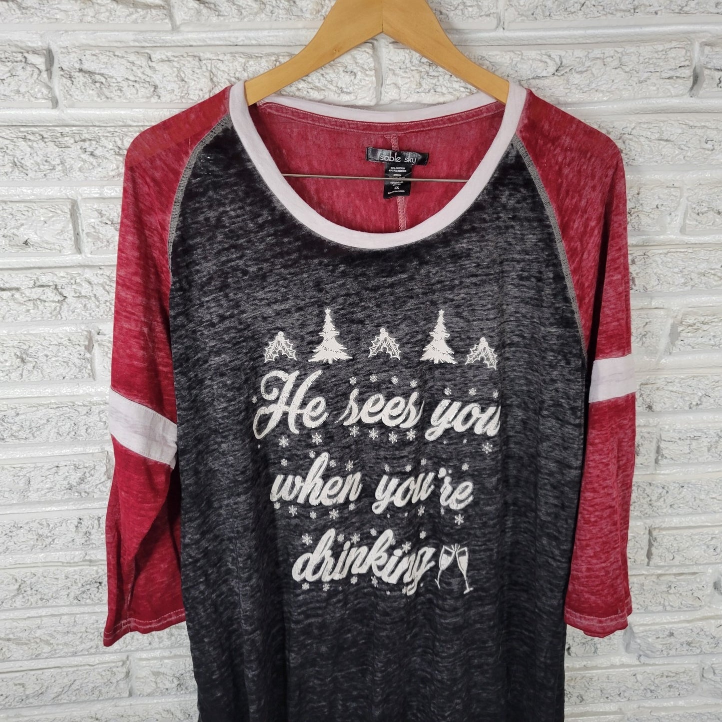 Christmas Womens Top 2X Plus Black Burnout He Sees You When Youre Drinking Sheer