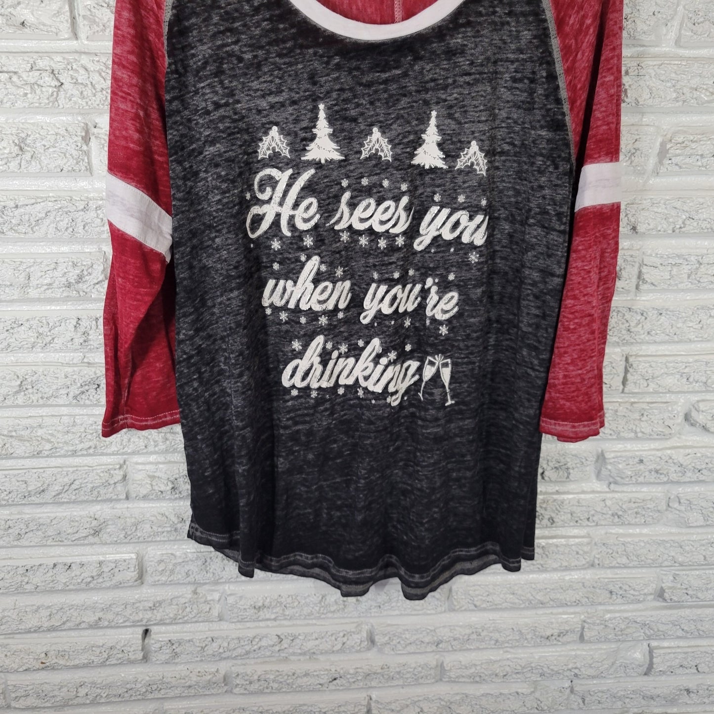 Christmas Womens Top 2X Plus Black Burnout He Sees You When Youre Drinking Sheer