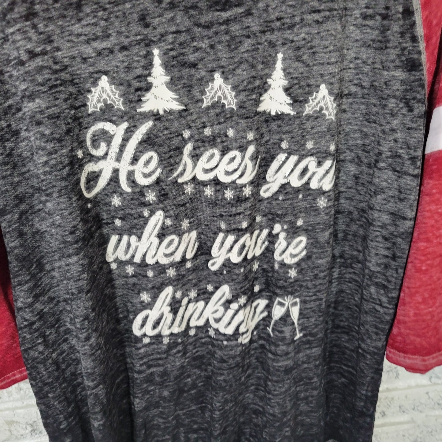 Christmas Womens Top 2X Plus Black Burnout He Sees You When Youre Drinking Sheer