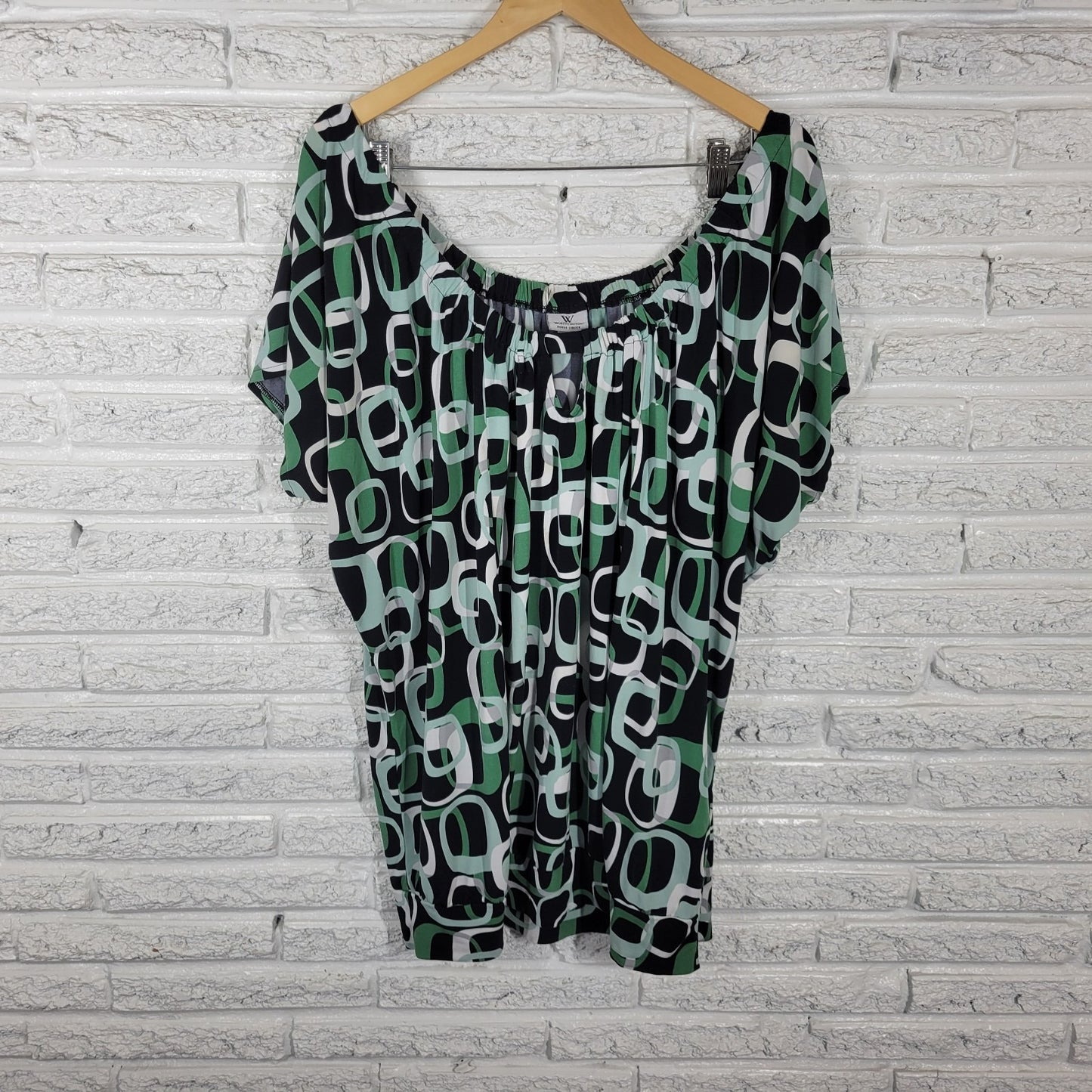 Worthington Women's 2X Plus Green Black Geometric Tunic Dolman Sleeve Keyhole