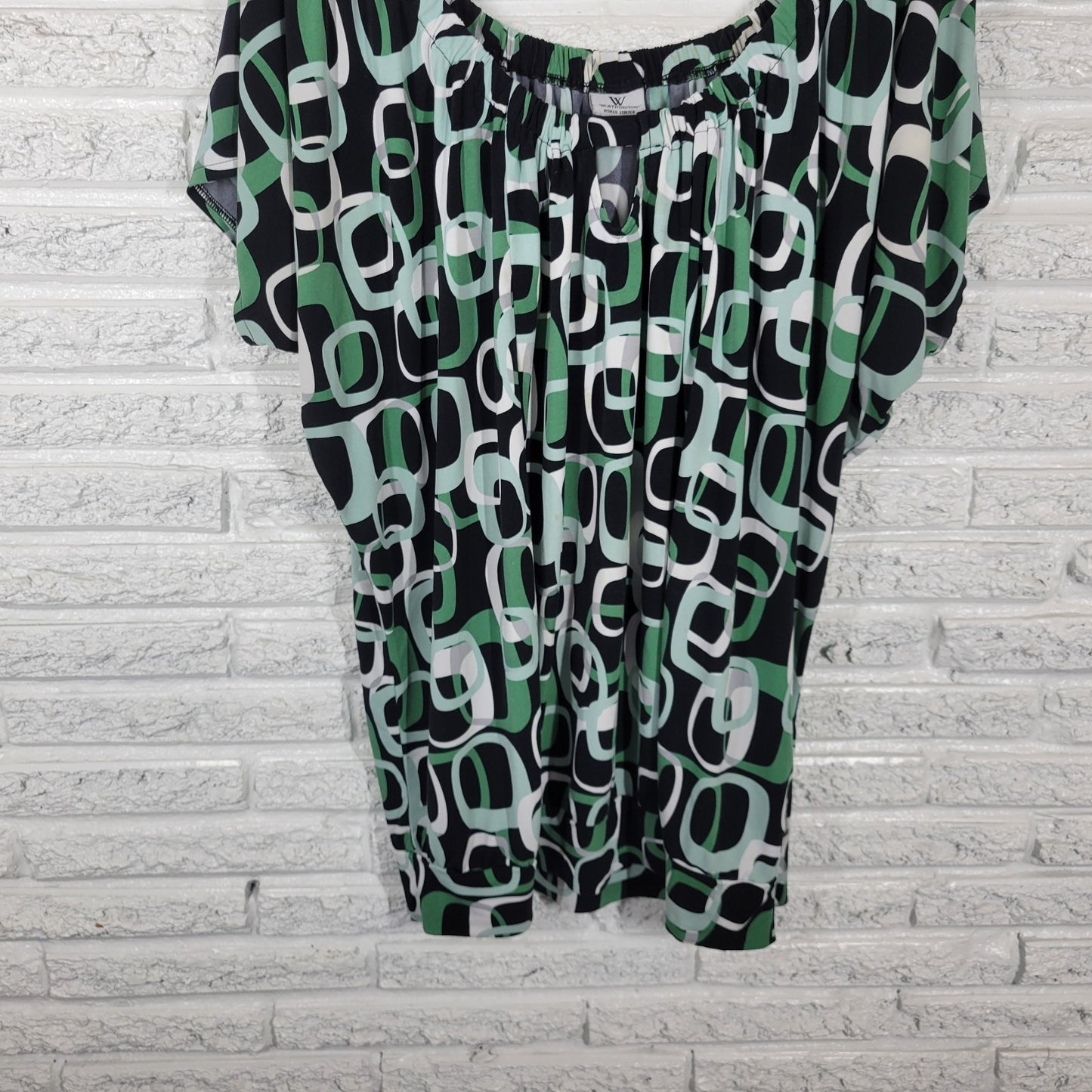 Worthington Women's 2X Plus Green Black Geometric Tunic Dolman Sleeve Keyhole